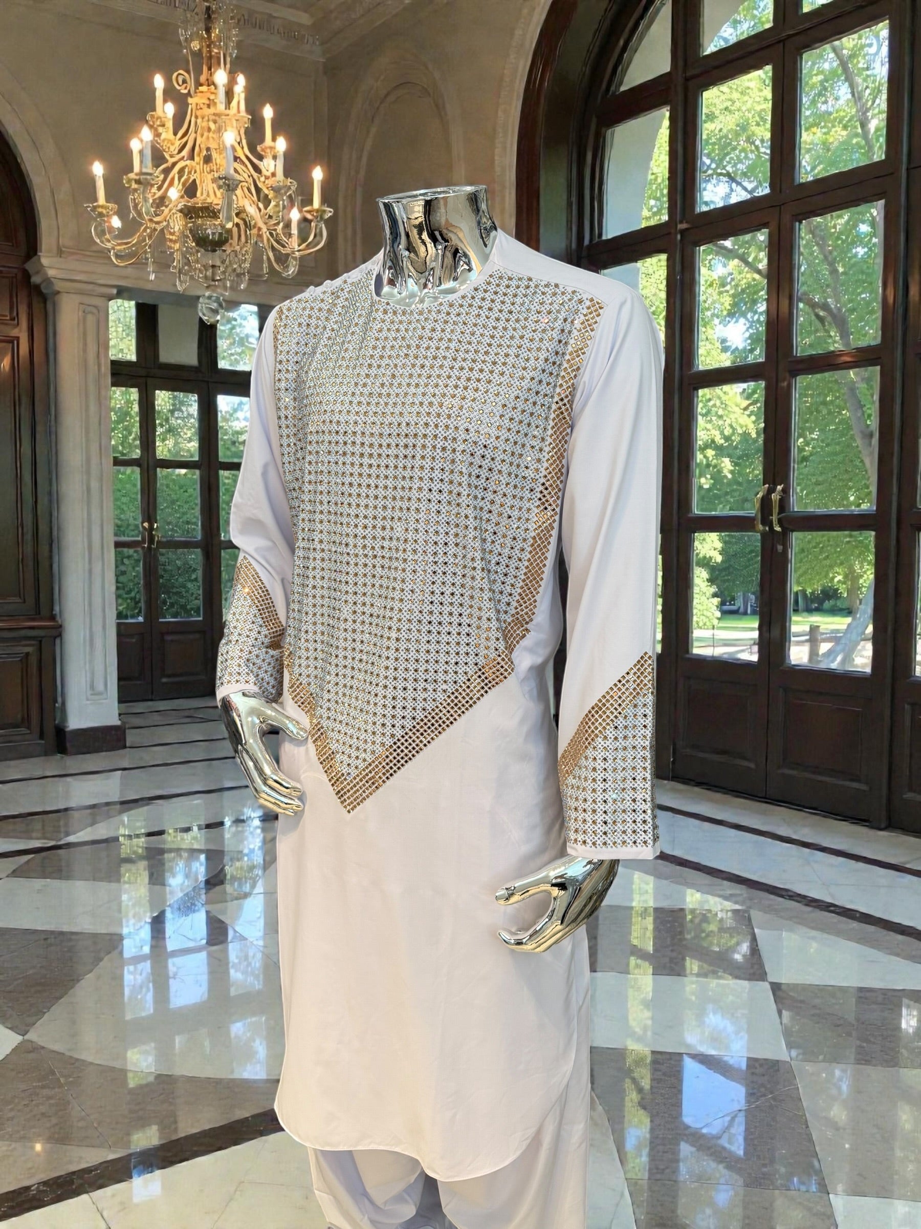 Men’s White Shesha Parahan Tunban Luxury Afghan Outfit with Matching Shawl | Luqmaan Boutique Collection Small