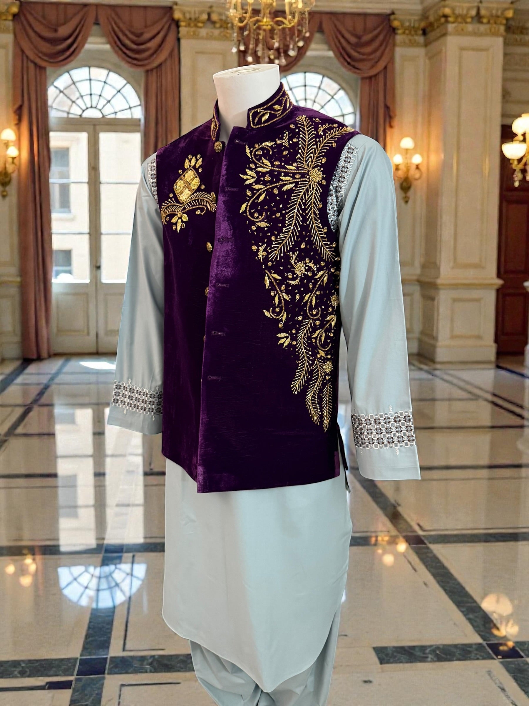 Medium Purple Velvet Men’s Waistcoat – Heavy Handmade Zari & Dabka Embroidery | Luxury Wedding waistcoat