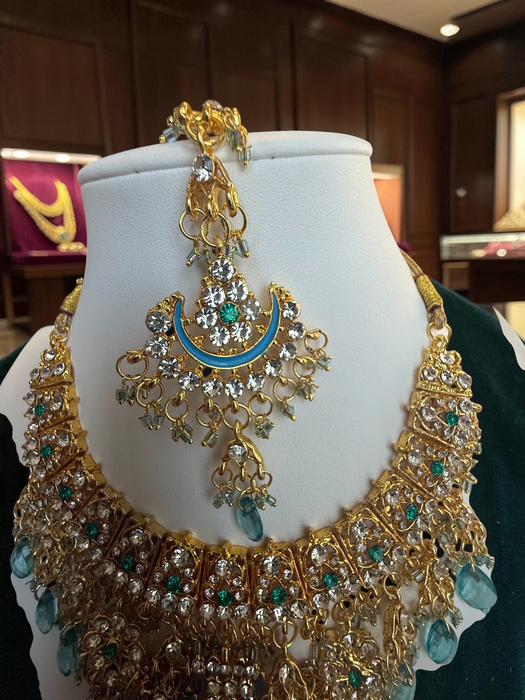 Aqua Blue Indian Pakistani Afghan Bridal Jewelry Set with Earrings & Maang Tikka | Gold Tone Crystal Rhinestone Necklace Set | Gift Box Included 7011