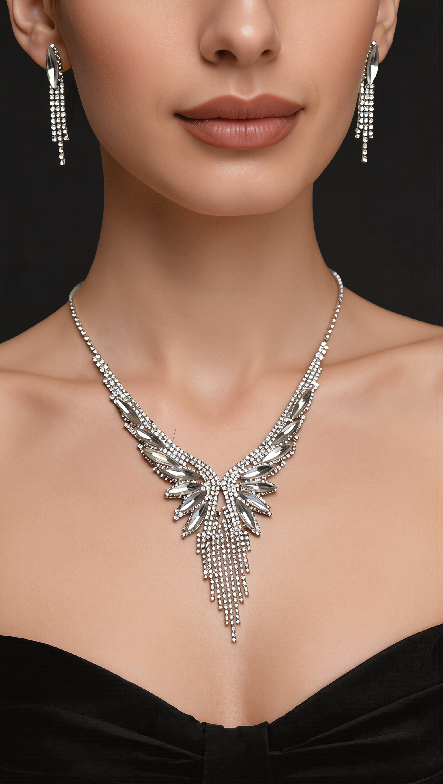 Crystal Rhinestone Statement Necklace & Earrings Set – Silver-Tone Leaf Design with Tassel, 7 Color Options, Jewelry Box Included