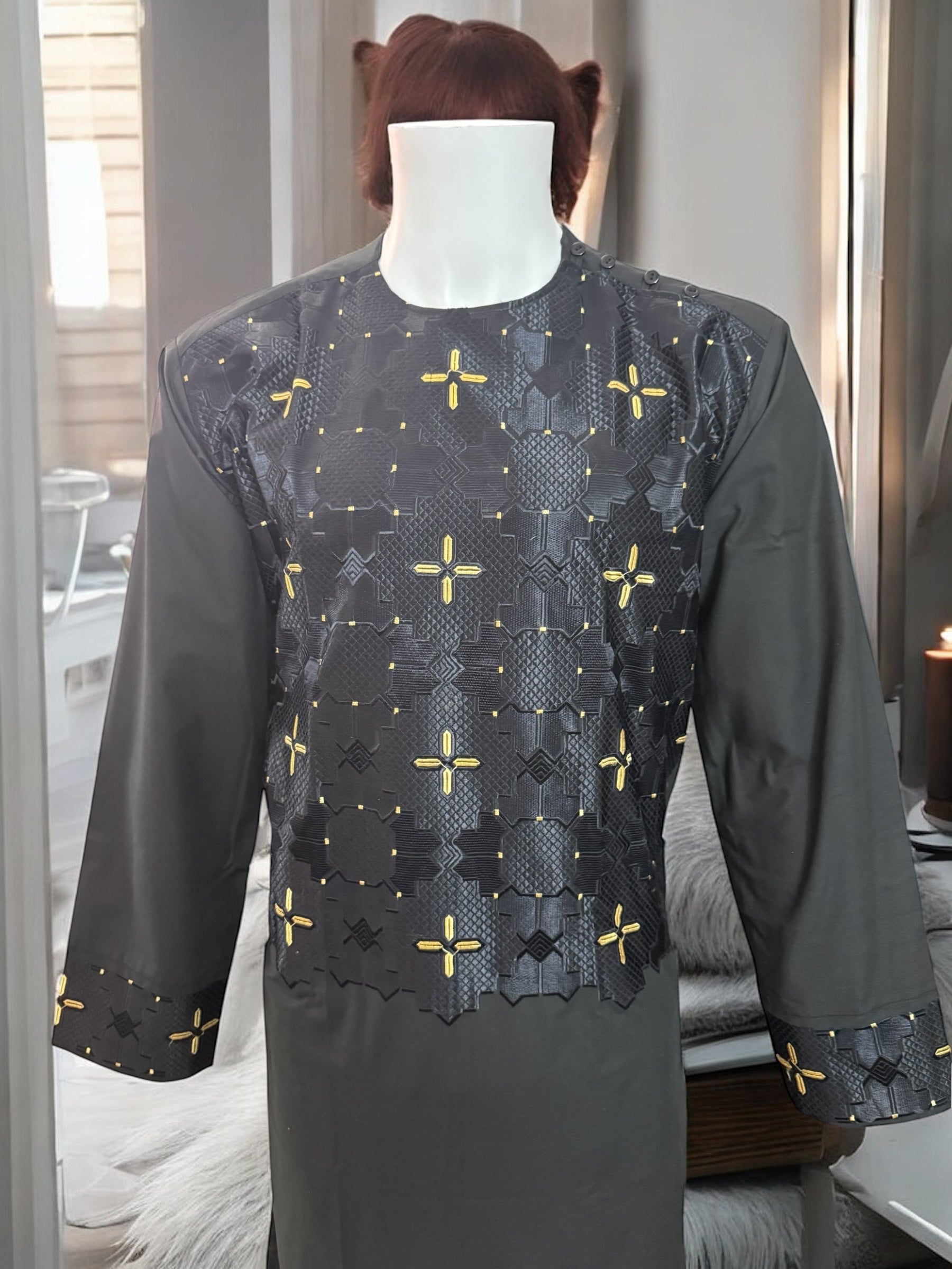 Afghan Parahan Tunban with Machine Khamakdozi Embroidery – Charcoal Black Gold – Large