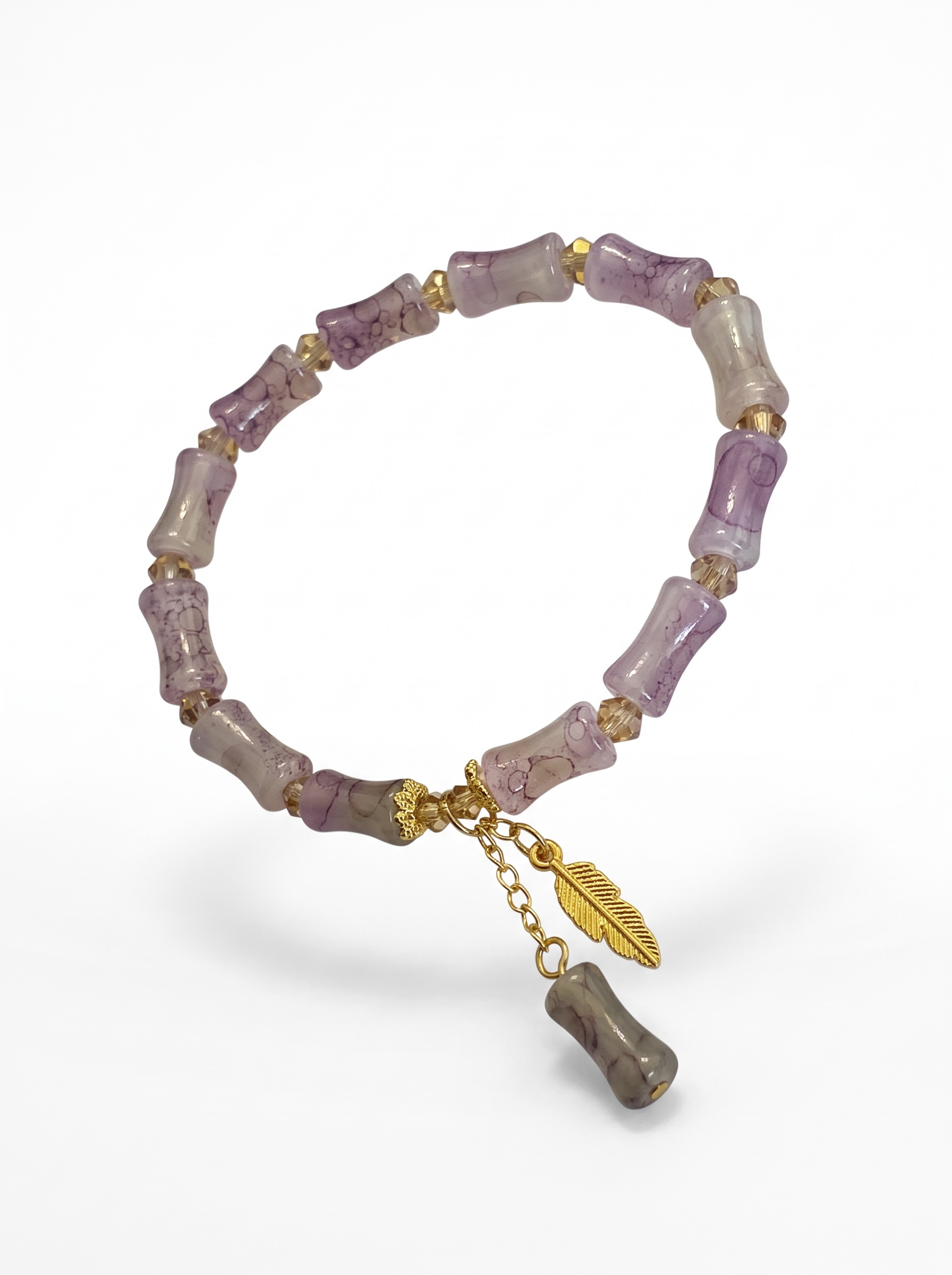 Lilac Marbled Stretch Bead Bracelet with Gold-Tone Leaf Charm