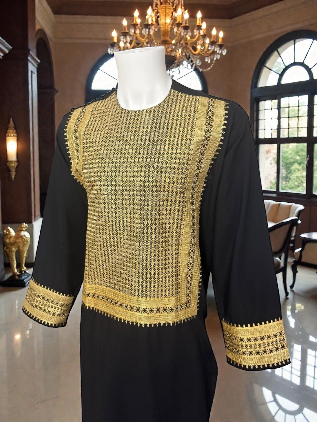 Men’s Black and Gold Embroidered Parahan Tumban – Premium Machine Khamak Design | Small Size