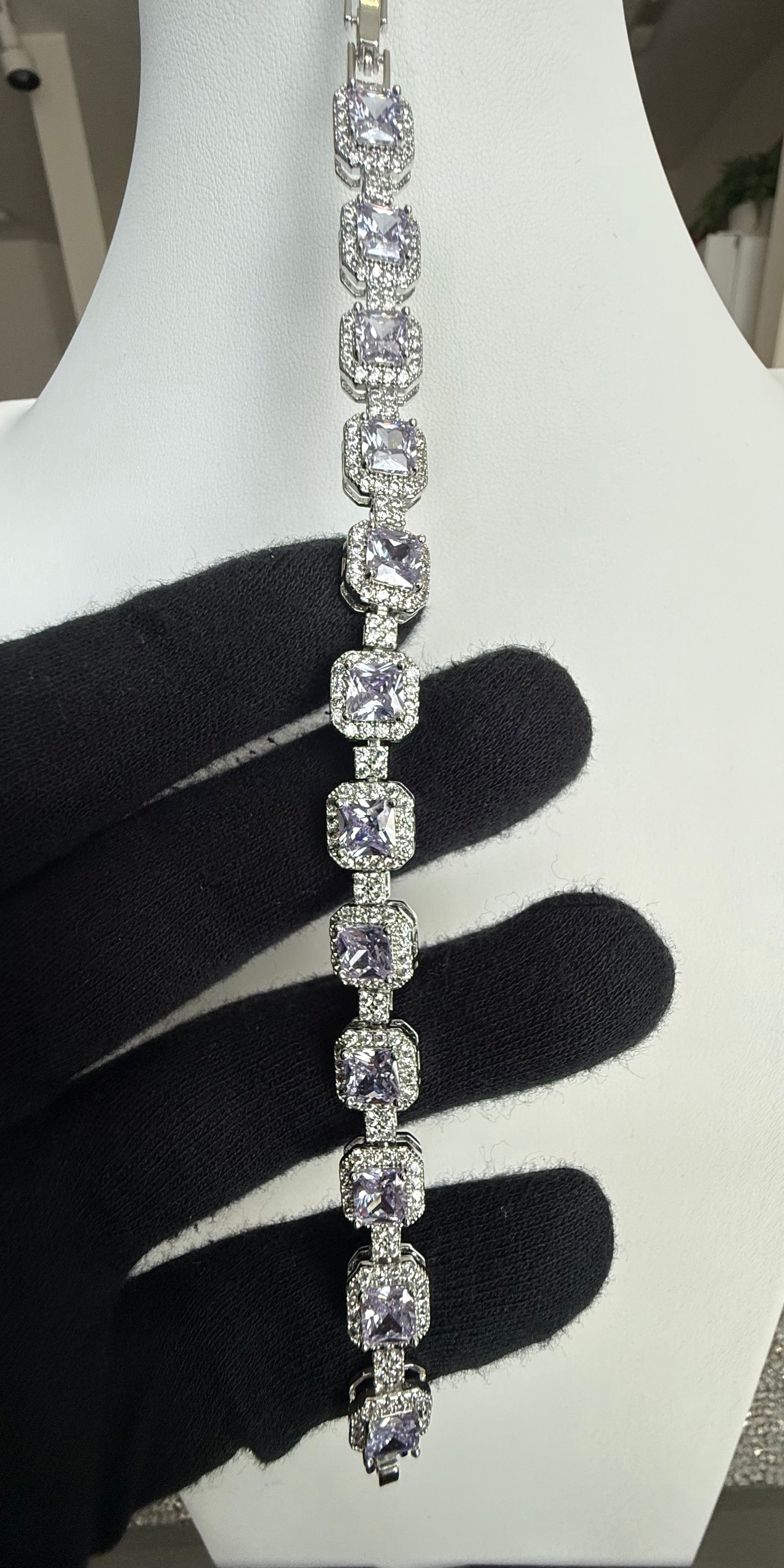 Lavender Purple Cushion-Cut Crystal Halo Tennis Bracelet – Silver Tone Statement Jewelry 7093