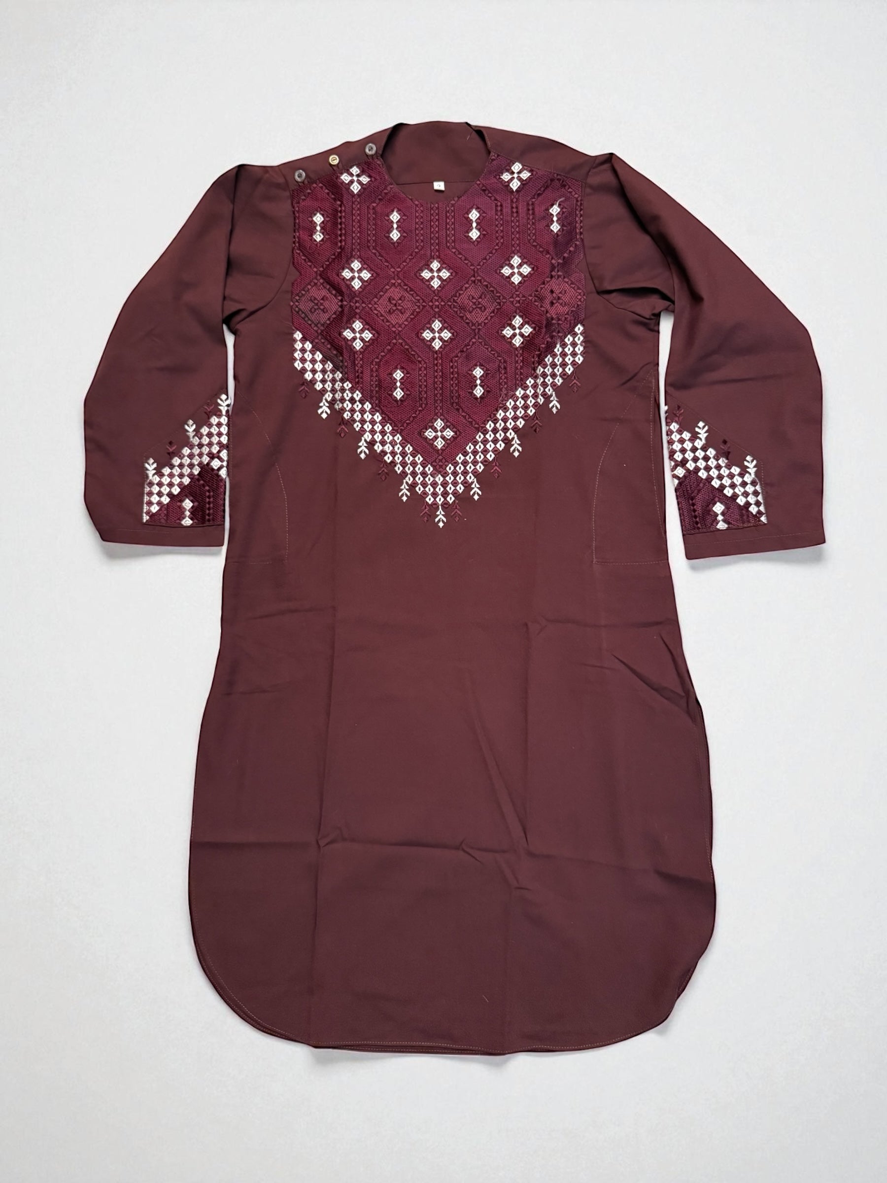 9 Years old Maroon Afghan Parahan Tumban for Boys, Matching White Machine Embroidery