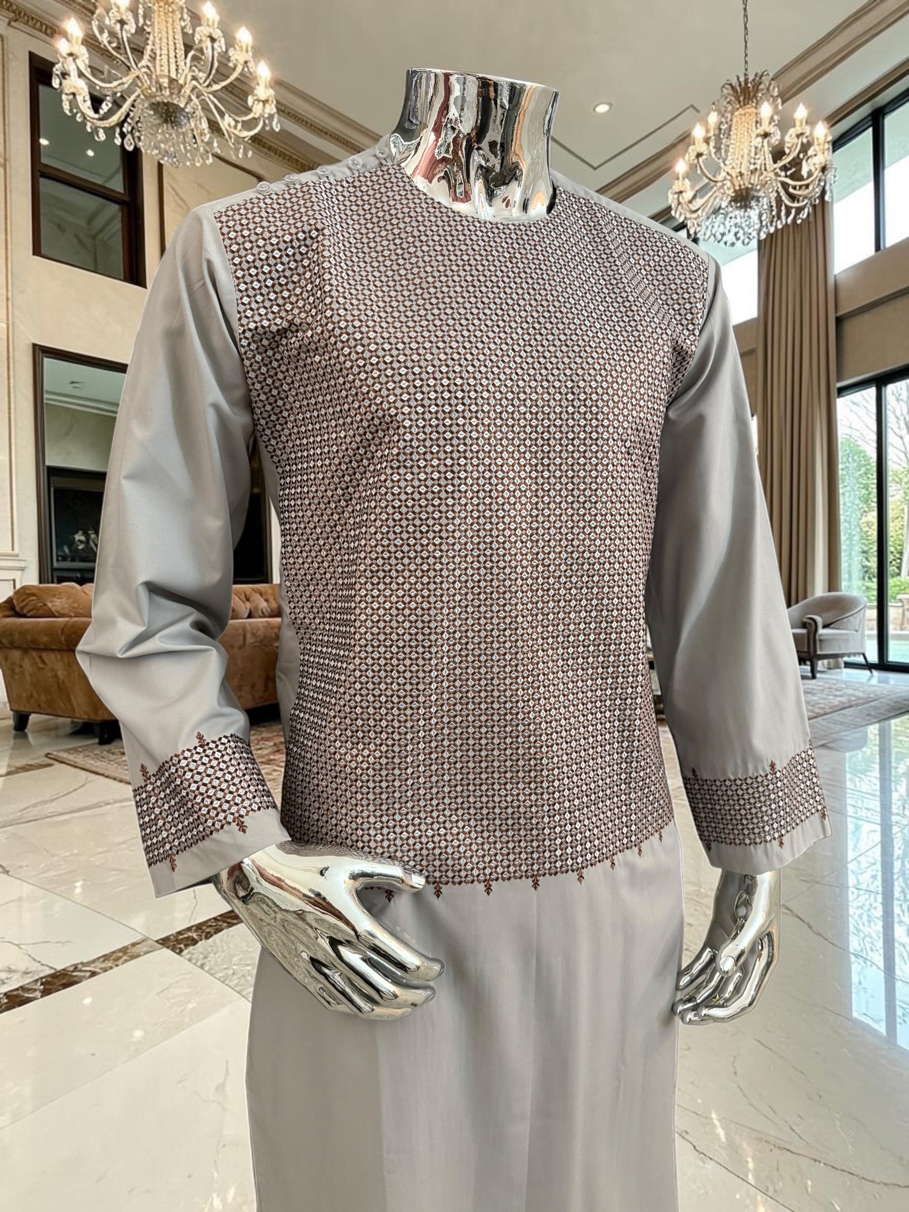 Medium Men’s Light Gray Parahan Tumban with Brown Embroidery – Afghan Traditional Outfit