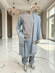 Large Men’s Light Blue Afghan Parahan Tunban with Khamakdozi-Inspired Machine Embroidery 7201