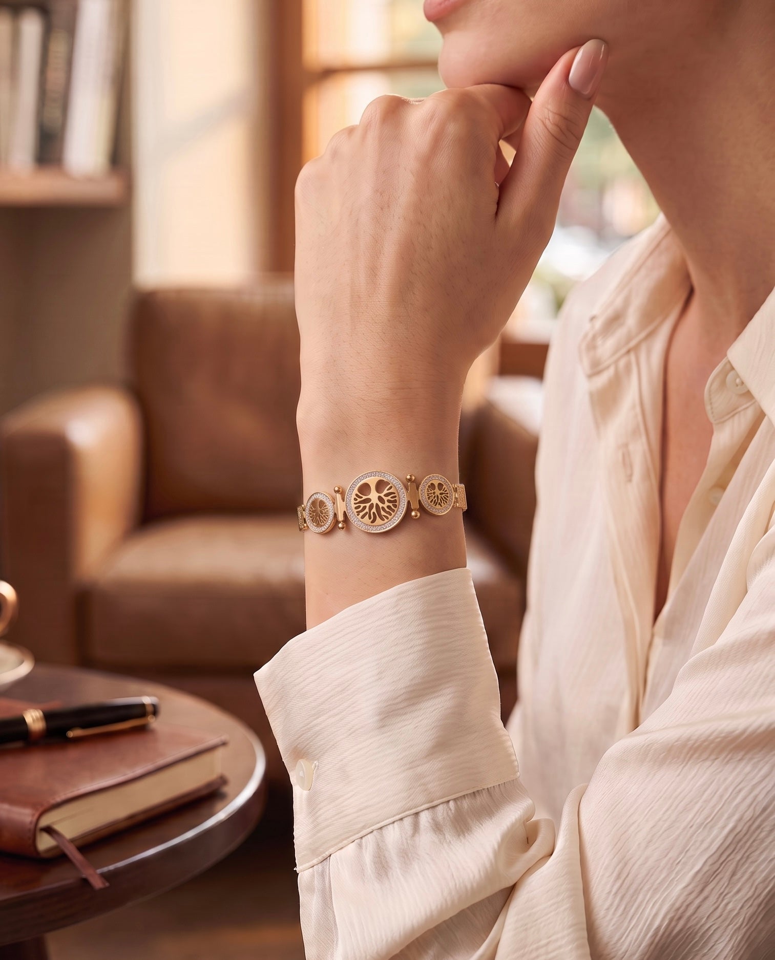 Tree of Life Gold-Tone Crystal Bracelet for Women – Hinged Statement Bangle 8022
