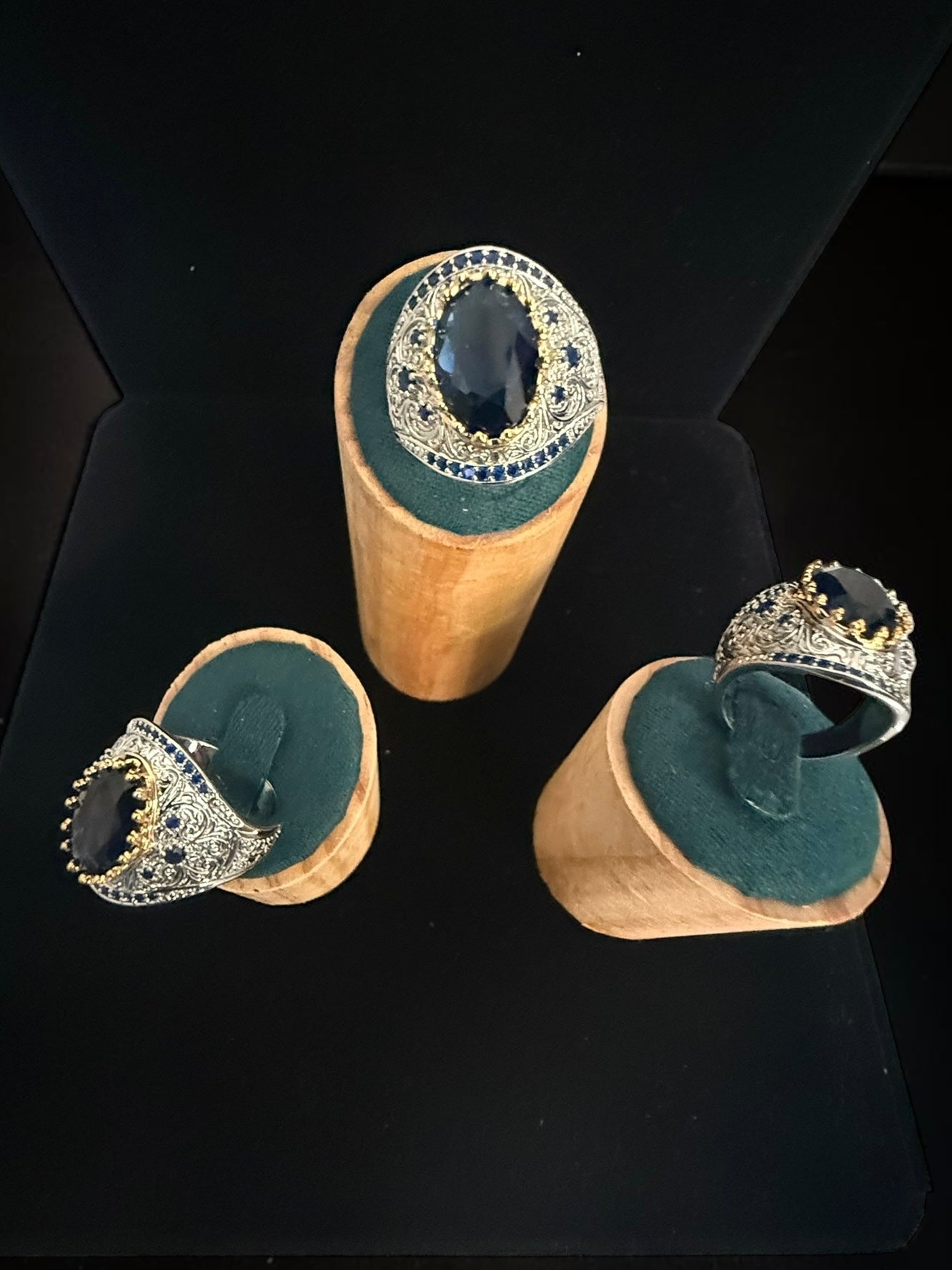 Vintage Blue Zircon Statement Ring – Two-Tone Gold & Silver Plated Brass Oval Crystal Ring for Men and Women 6076