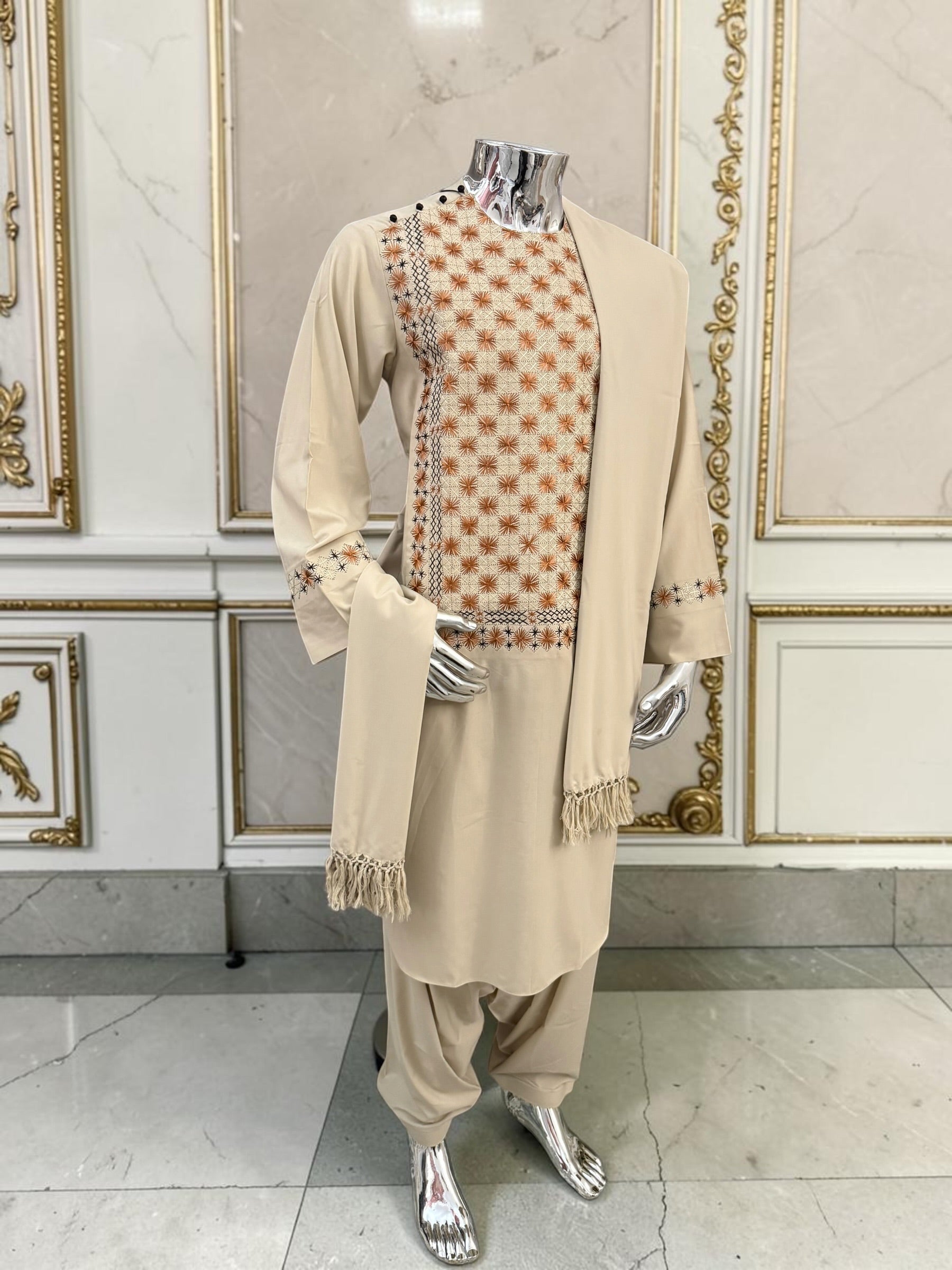 Men’s Cream Hand-Embroidered Afghan Parahan Tunban with Shawl – 3-Piece Set 5023
