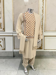 Men’s Cream Hand-Embroidered Afghan Parahan Tunban with Shawl – 3-Piece Set 5023