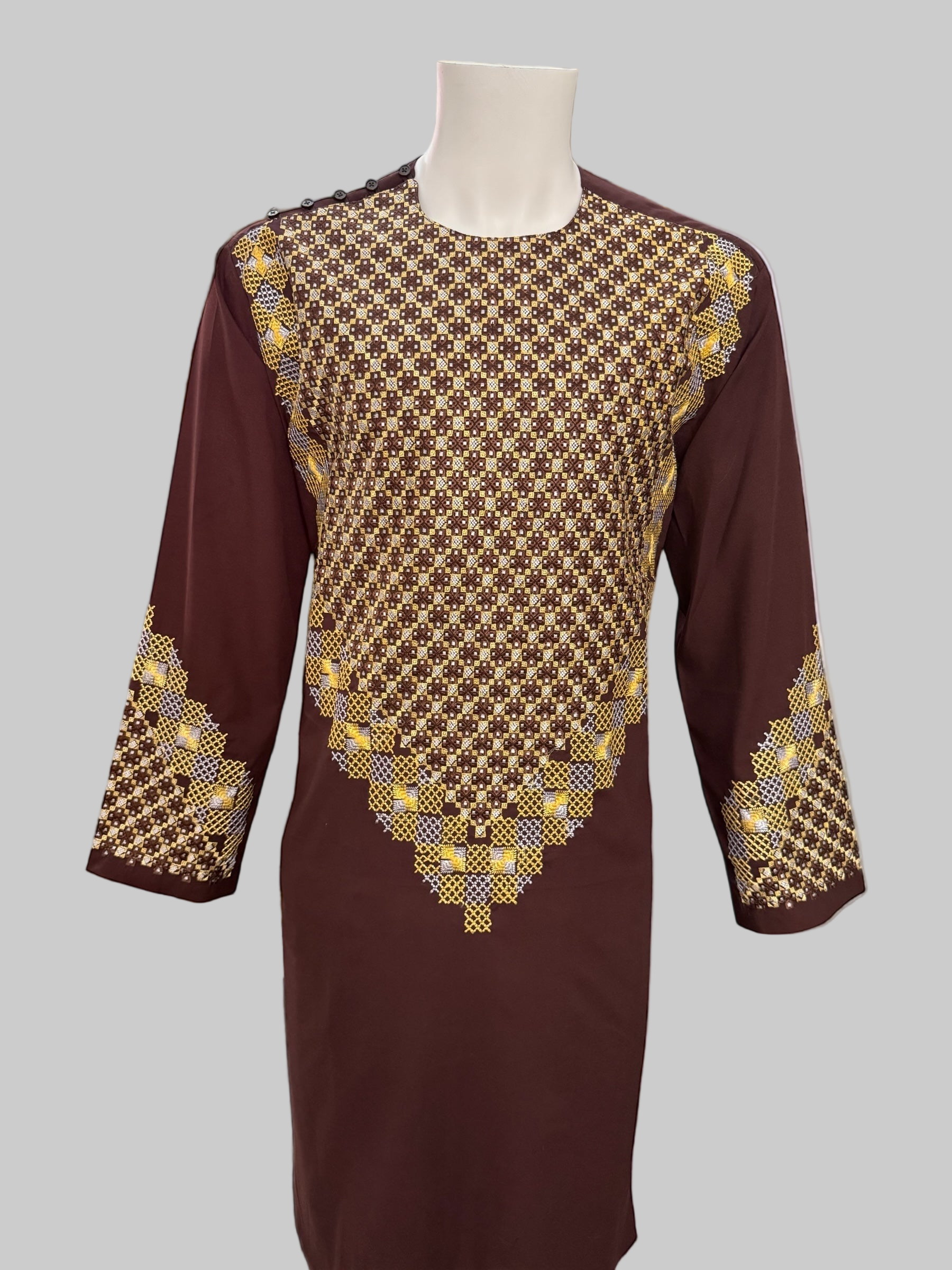 Men’s Maroon Kameez – Maroon with Gold Geometric Machine Embroidery | XL Afghan Traditional Wear