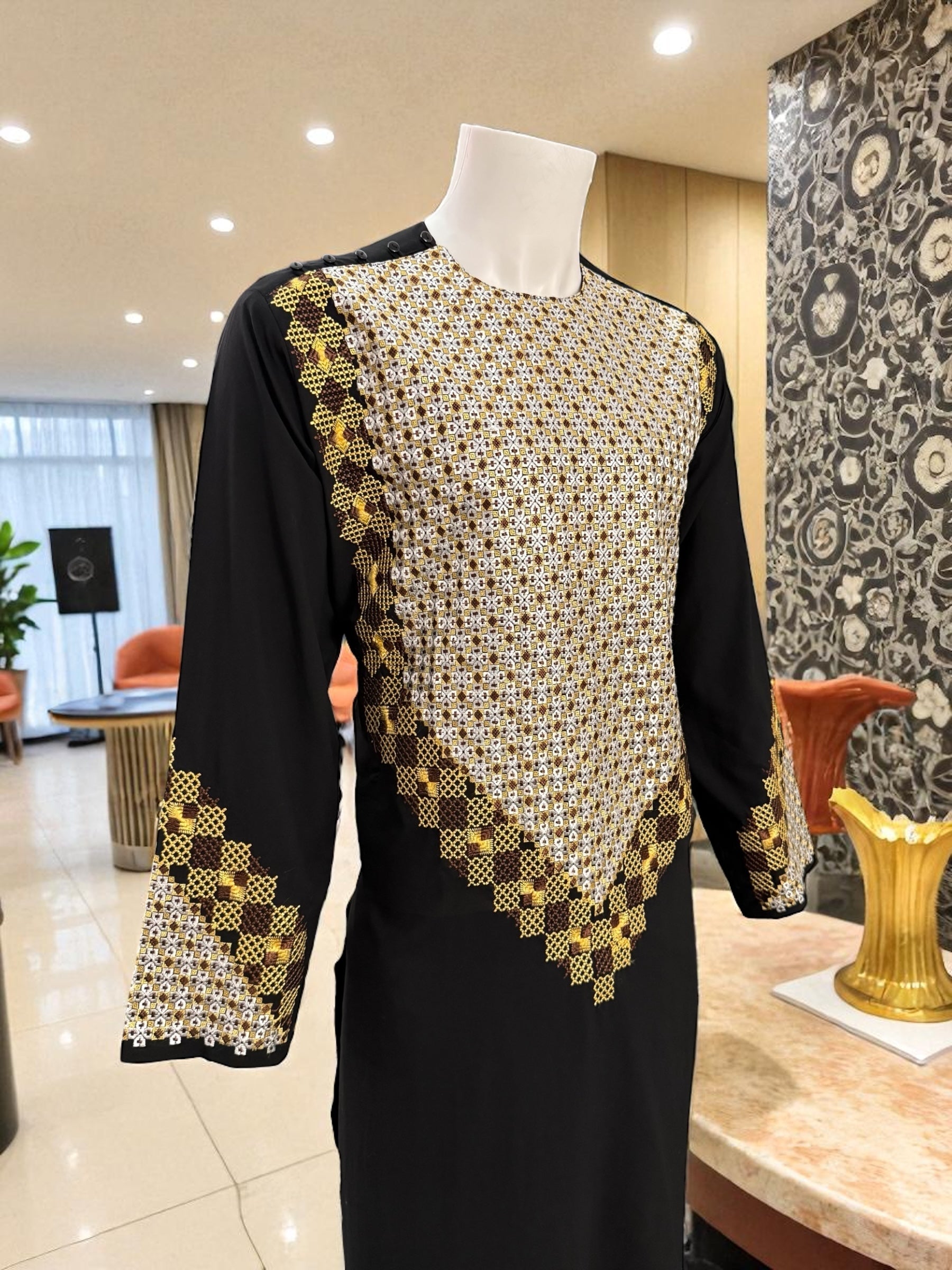 Men’s Black Kameez – Black with Gold, White & Brown Machine Embroidery | Afghan Outfit (XL)