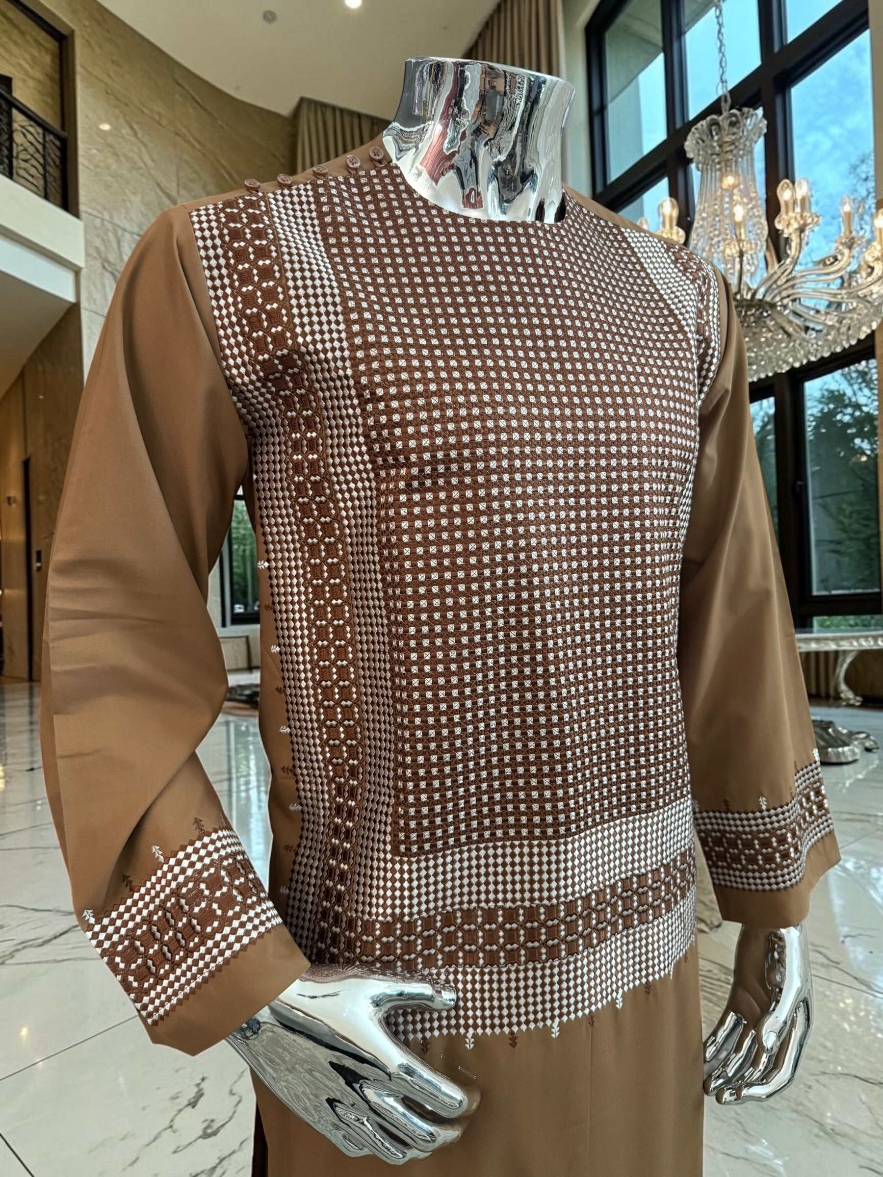 Medium Brown Parahan Tunban with White Embroidery | Traditional Afghan Men’s Wear