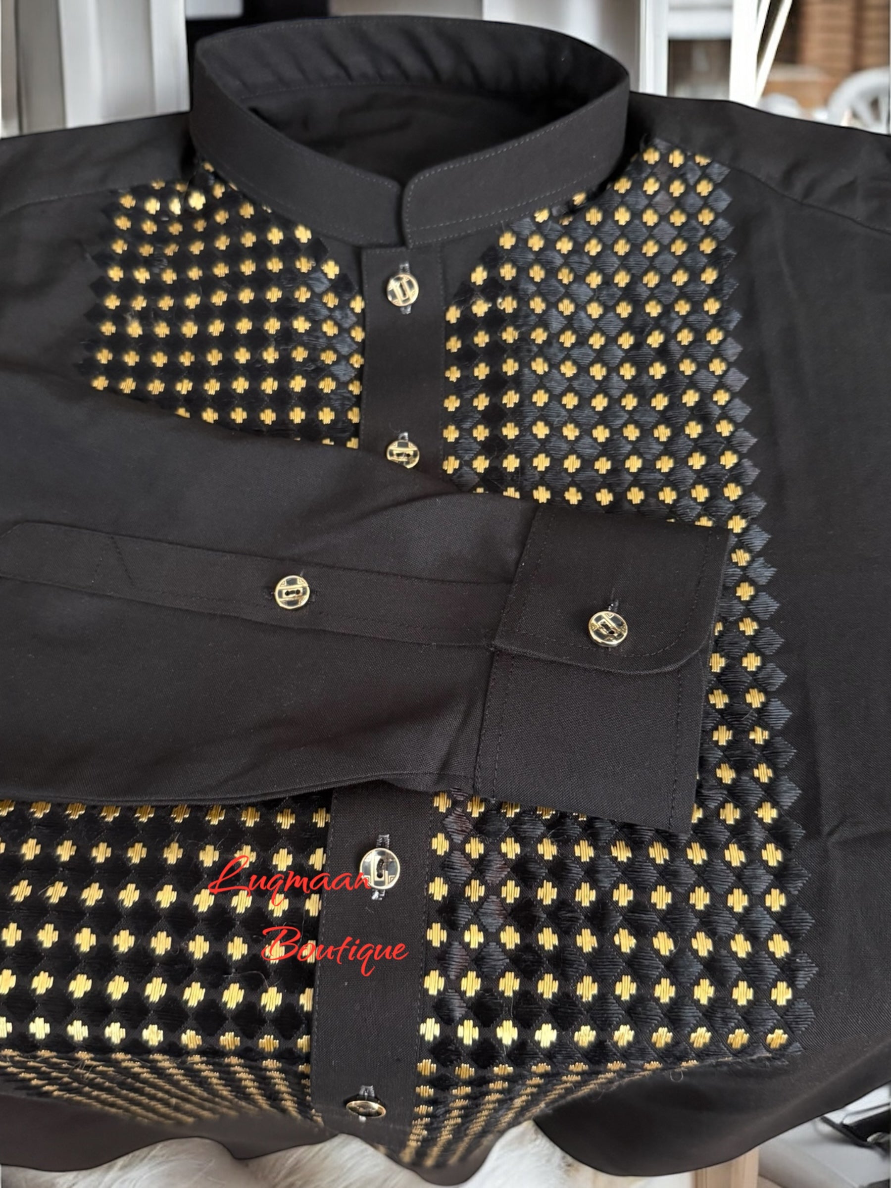 Men’s Black Parahan Tumban with Gold Hand Khamak Embroidery – Luxury Traditional Afghan Outfit, Medium