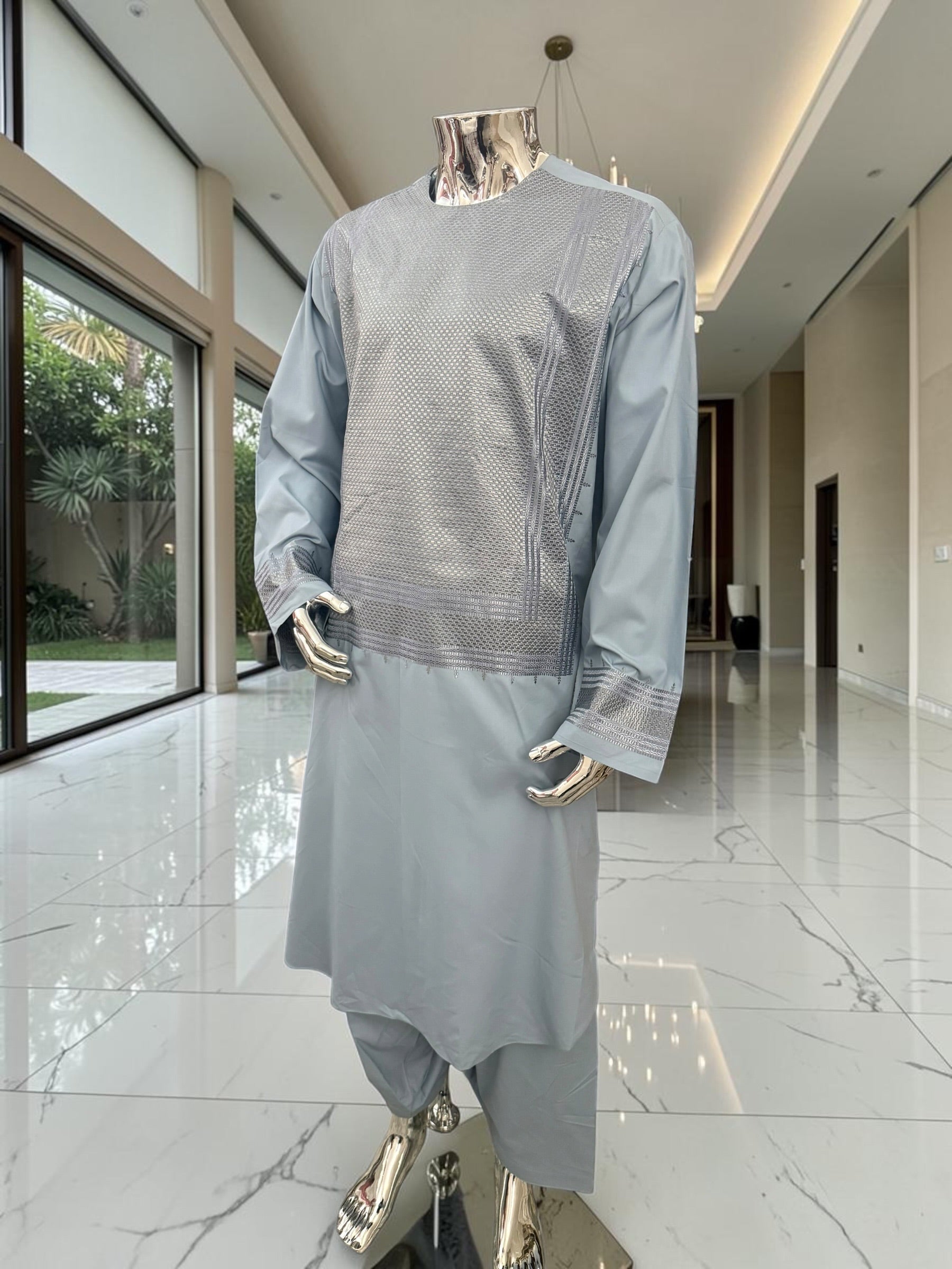 Men’s Blue Gray Embroidered Afghan Parahan Tunban with Matching Shawl – XXL