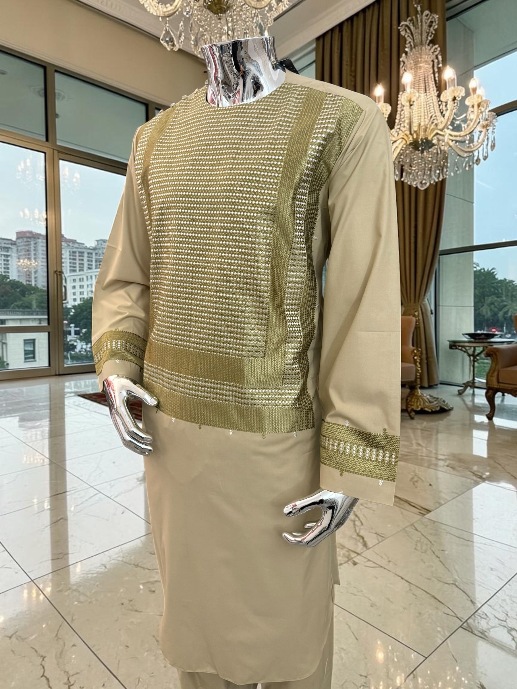 Large Men’s Tan Parahan Tunban with Green & White Machine Embroidery – Premium Afghan Outfit