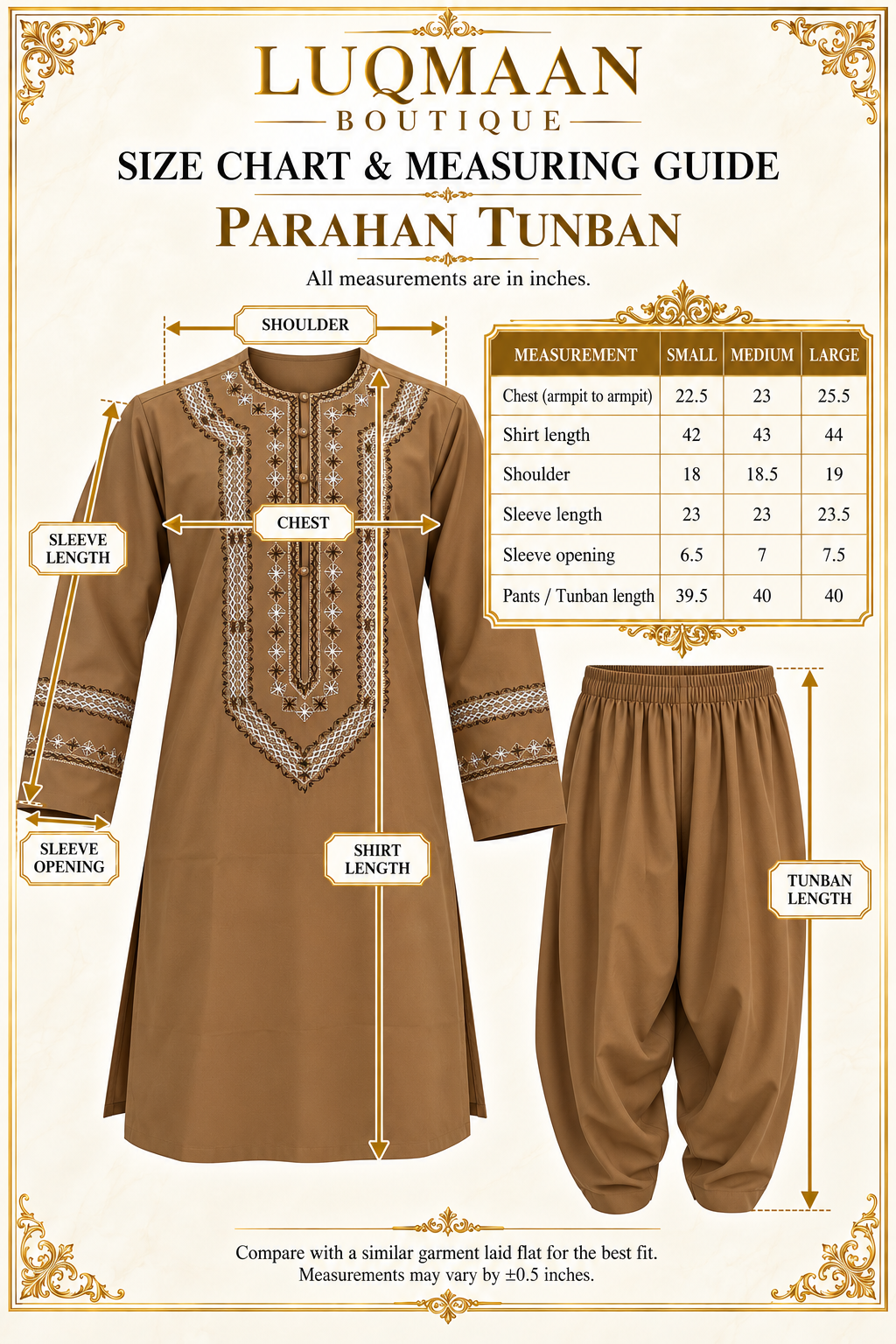 Men’s Brown Hand-Embroidered Afghan Parahan Tunban with Matching Shawl in Small, Medium, or Large