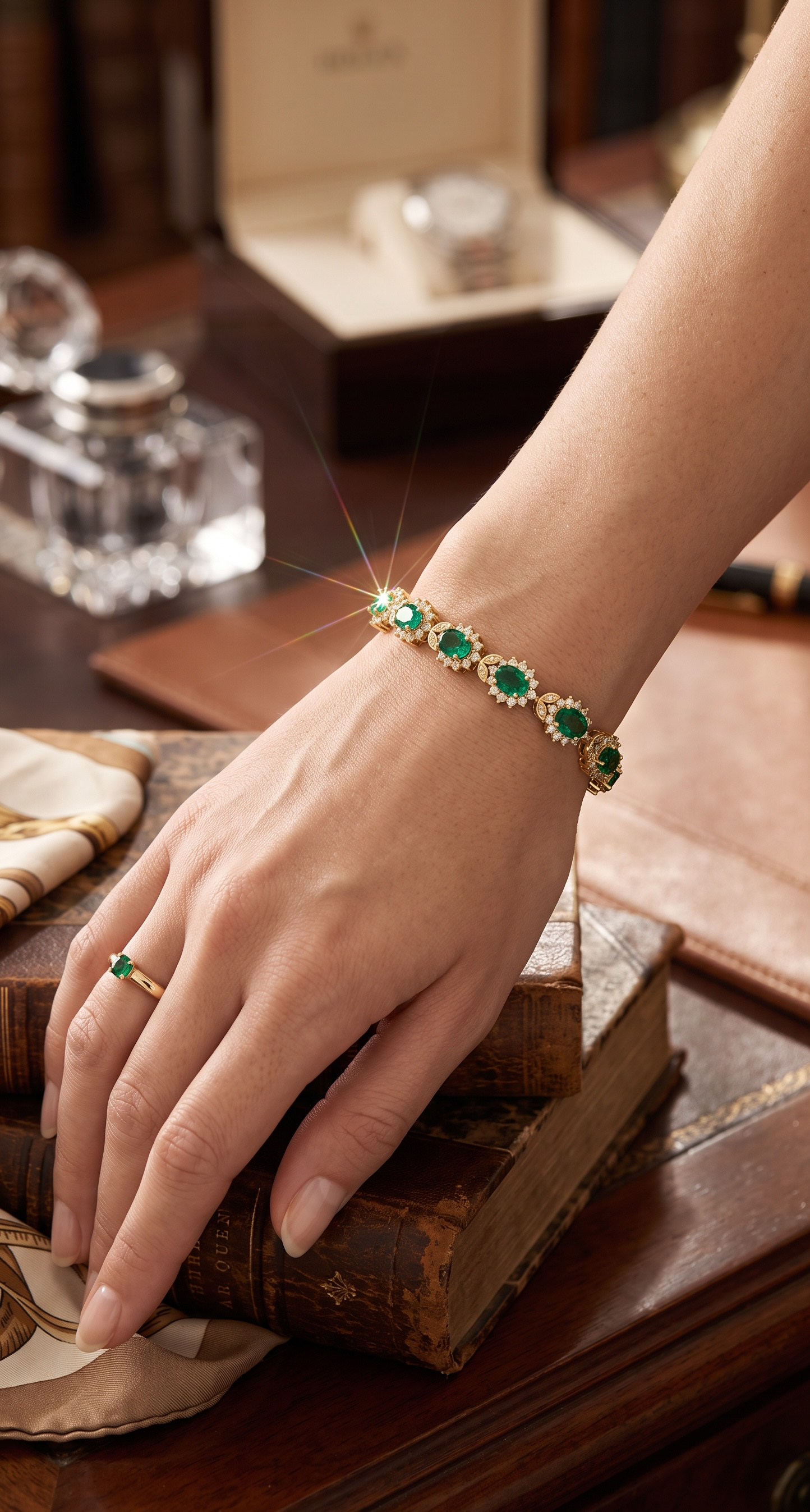 Emerald Green Oval Crystal Halo Link Bracelet – Gold Tone Statement Jewelry 7132