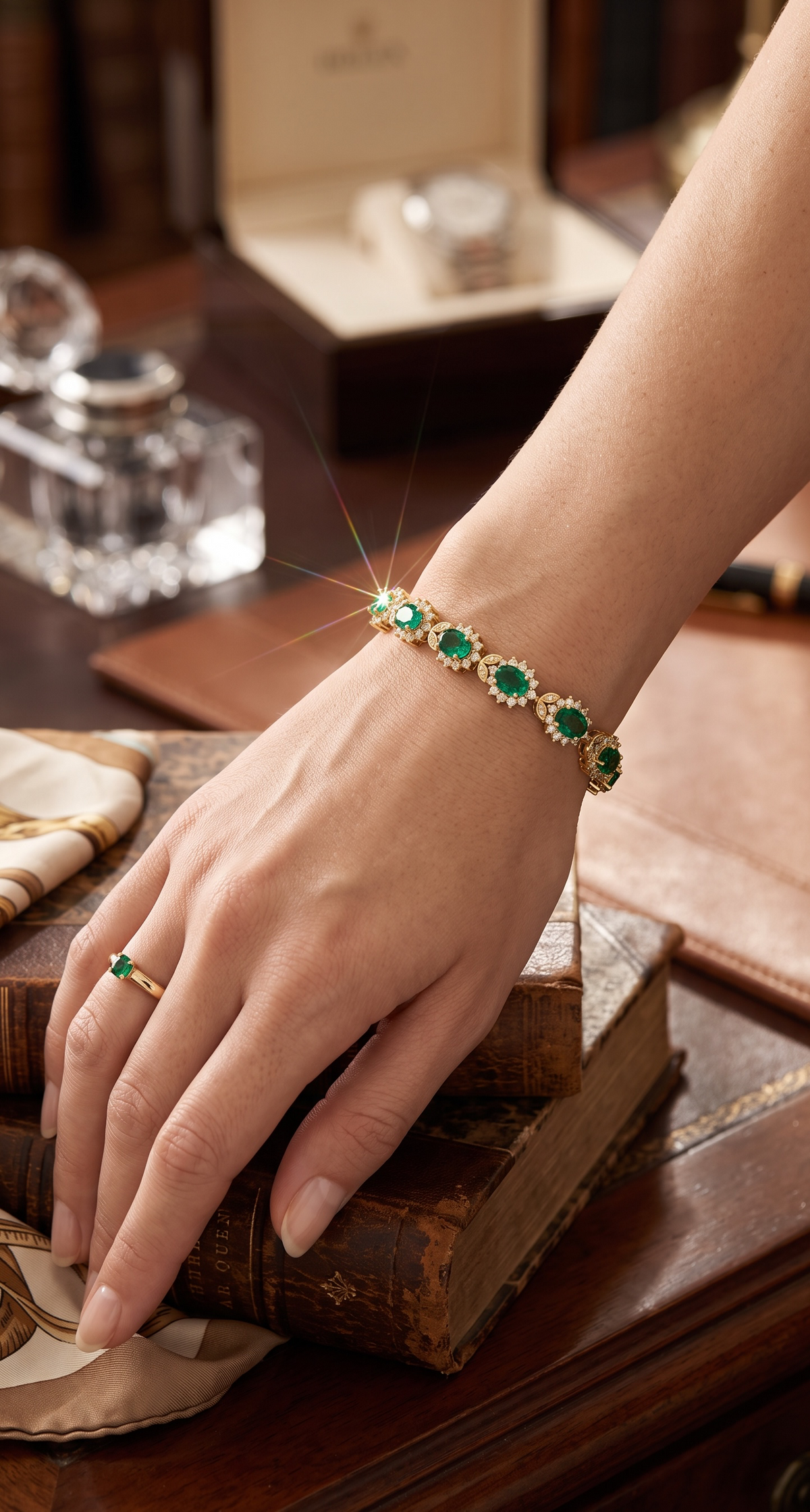Emerald Green Oval Crystal Halo Link Bracelet – Gold Tone Statement Jewelry 7132