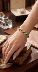 Emerald Green Oval Crystal Halo Link Bracelet – Gold Tone Statement Jewelry 7132