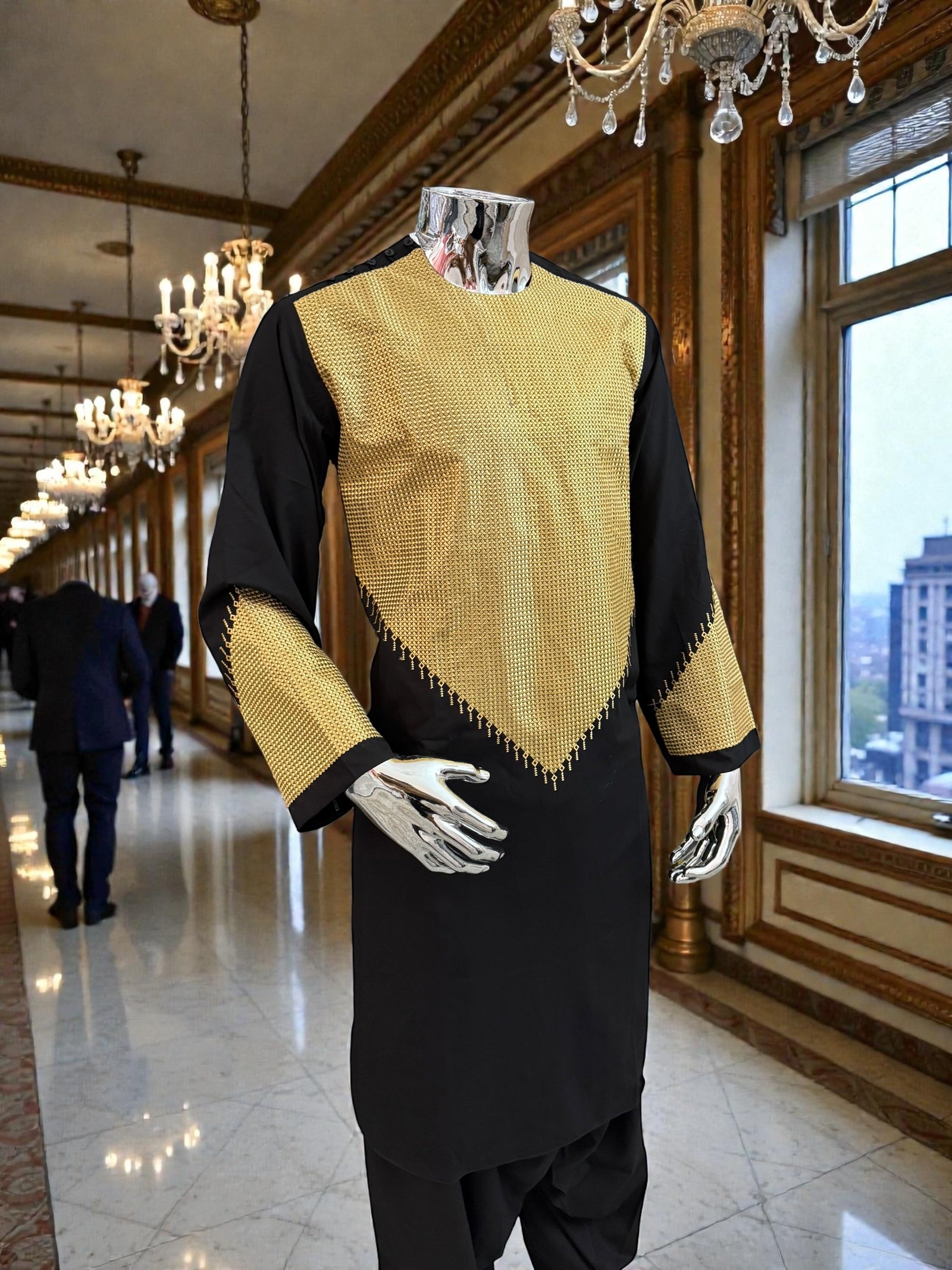 Men’s Black Parahan Tumban with Gold Embroidery & Matching Shawl | Afghan Traditional Outfit Large to X-Large