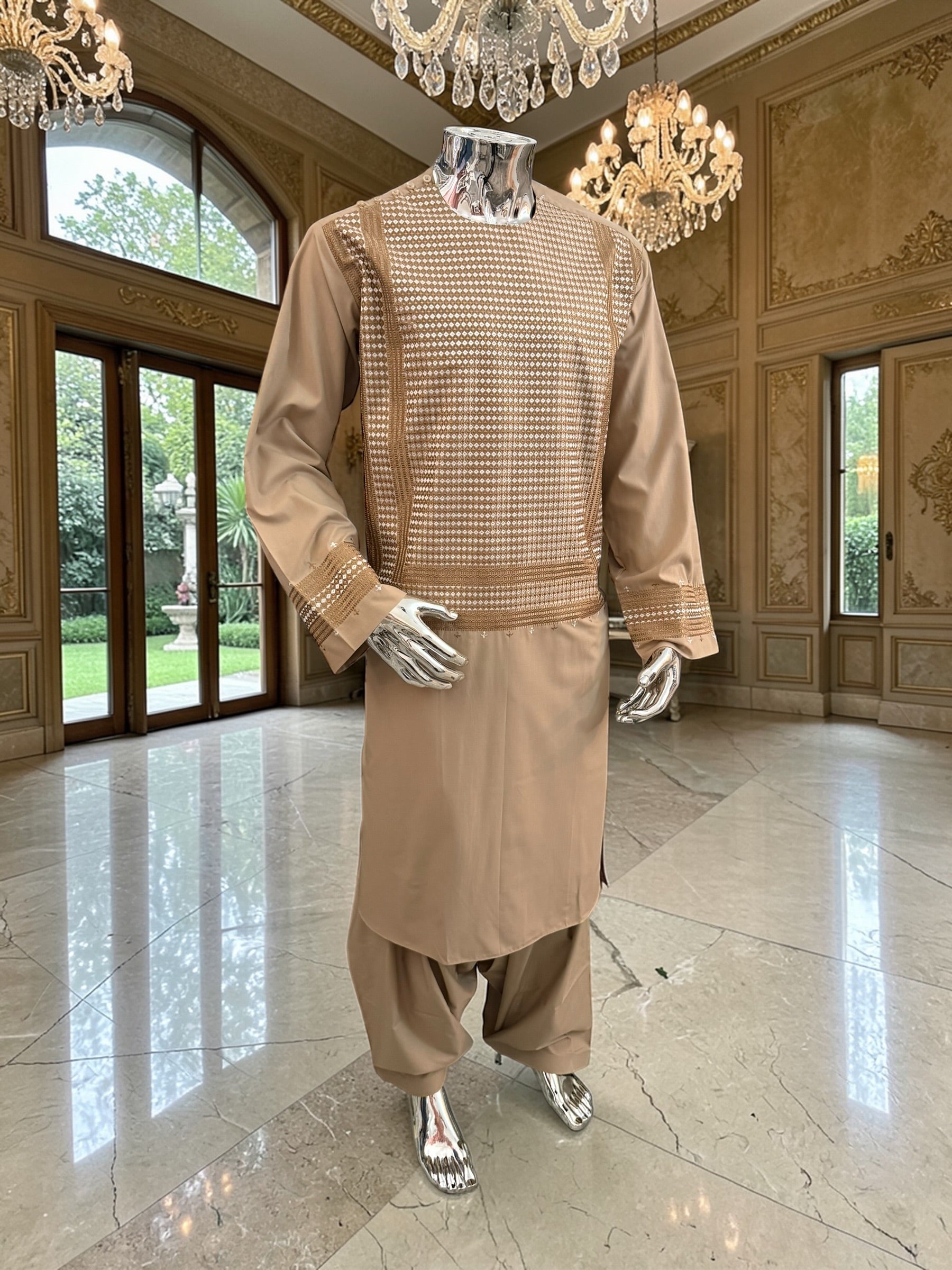 XL Beige Embroidered Afghan Parahan Tumban – Cotton-Blend Traditional Men’s Outfit | Luqmaan Boutique