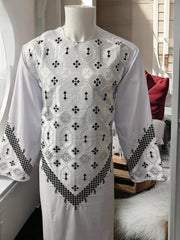 Men’s White Parahan Tumban with Black Embroidery Large