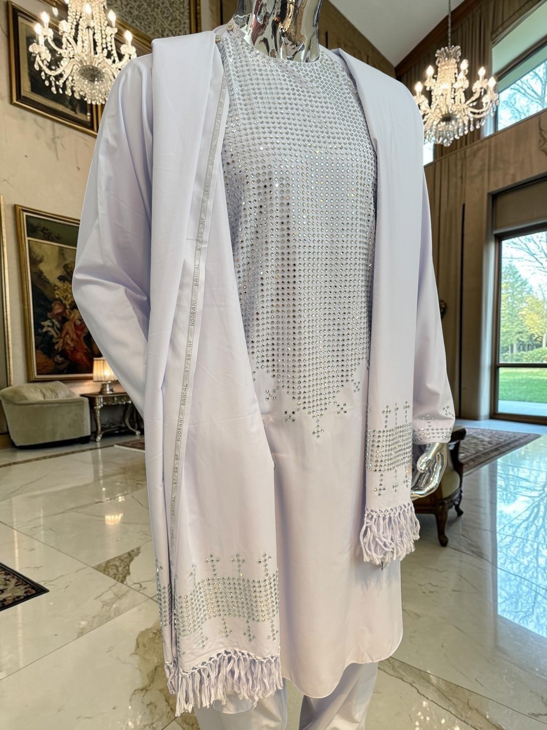 White Chadder Shawl with Shesha Mirror work and Fringe at the end