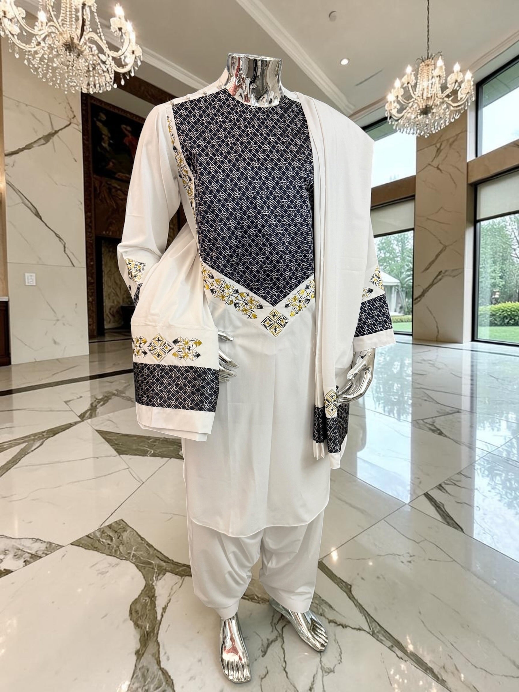 Off-White Afghan Men’s Parahan Tunban with Navy Geometric Fabric & Shawl – S–XL