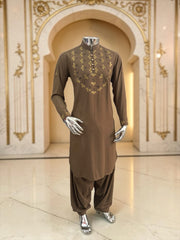 Men’s Brown Hand-Embroidered Designer Afghan Parahan Tunban Set 5034
