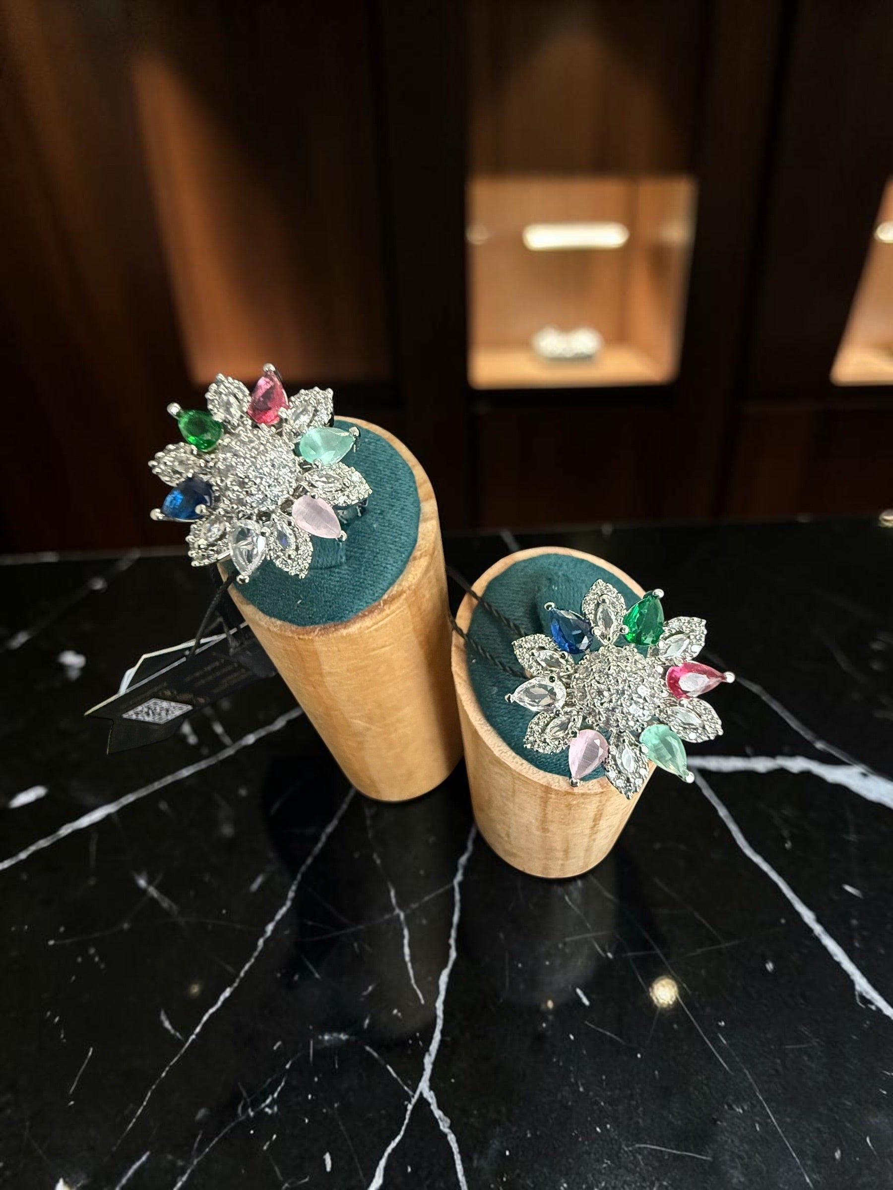 American Diamond Floral Statement Ring – Adjustable Pear-Cut Crystal Cocktail Ring, 7 Colors, Gift Box Included