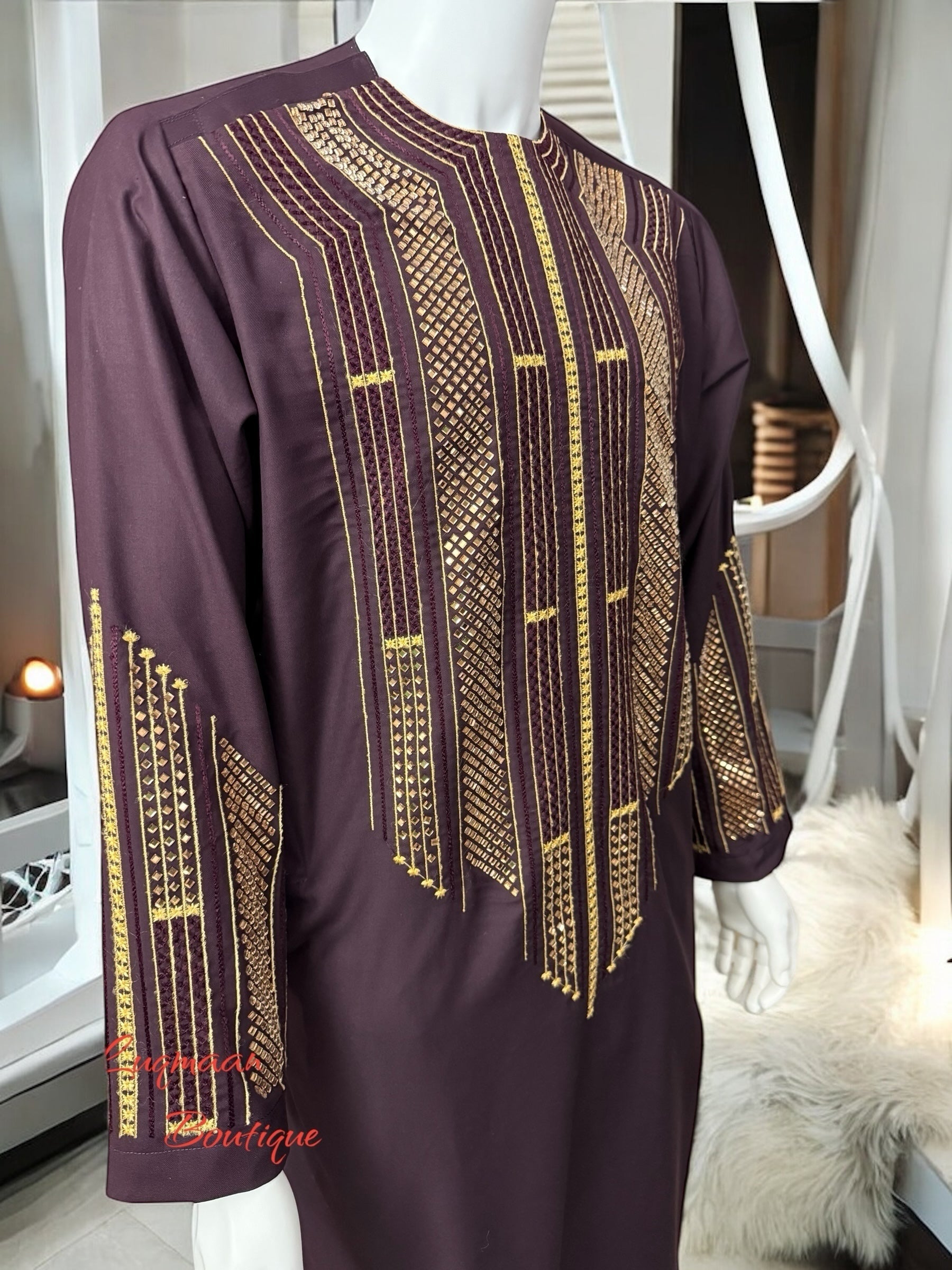 Afghan Parahan Tunban for Men Dark Burgundy Gold Machine Embroidered Medium