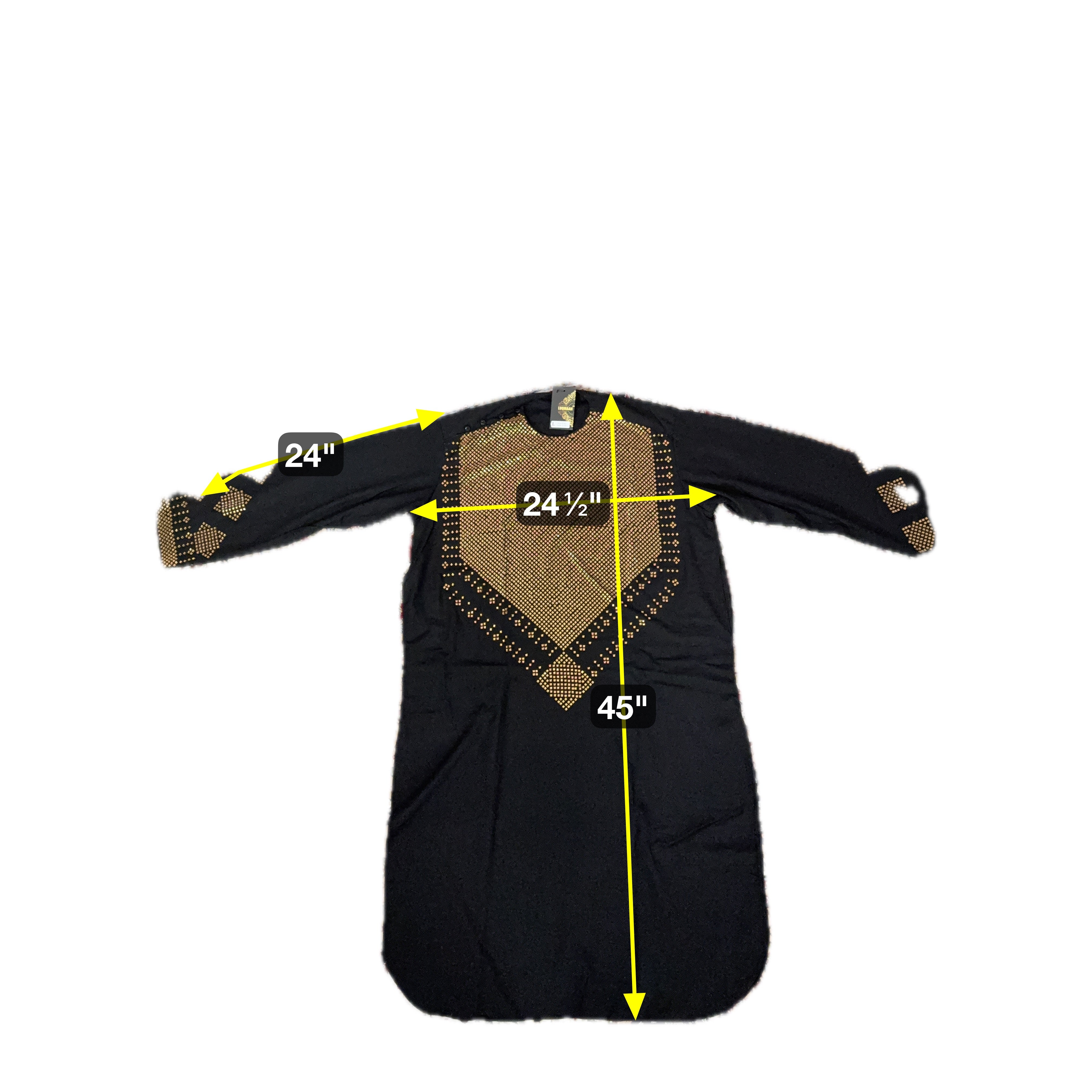 Men’s Black Afghan Traditional Kameez with Gold Mirror Work – Formal Wear Large. Minor Imperfection – Special Discount