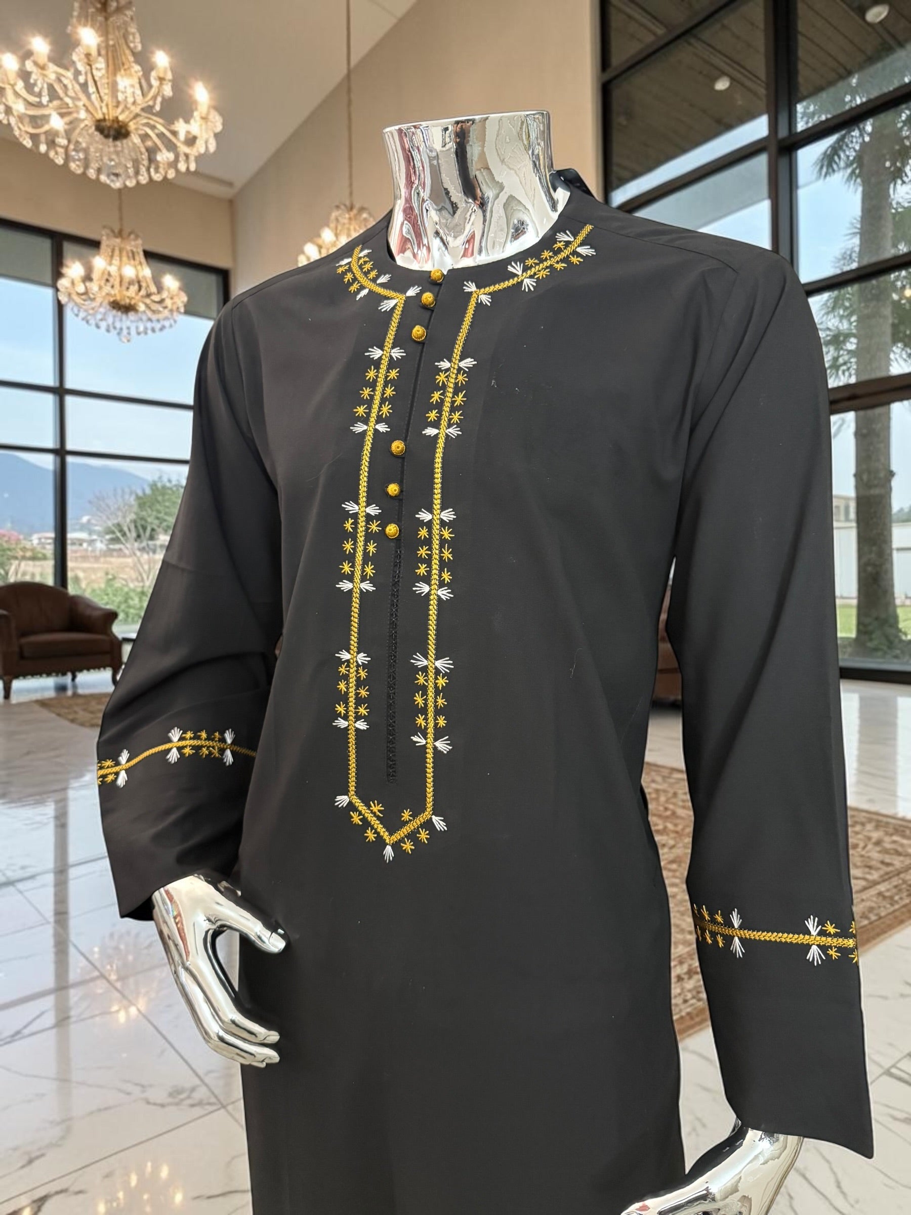 Black Embroidered Afghan Parahan Tunban for Men | Gold & White Detail