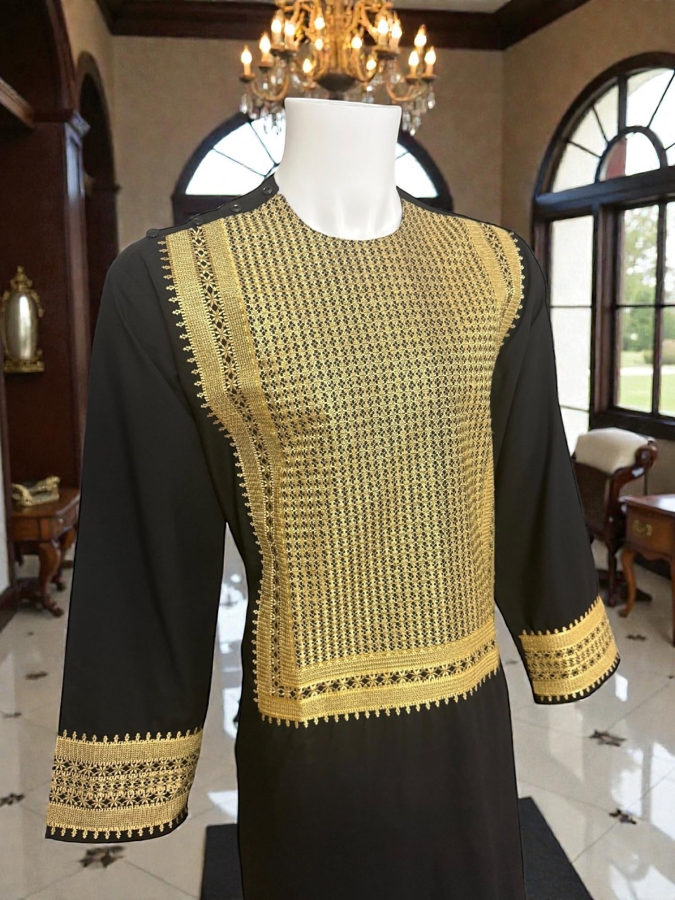 Men’s Black and Gold Embroidered Parahan Tumban – Premium Machine Khamak Design | Small Size