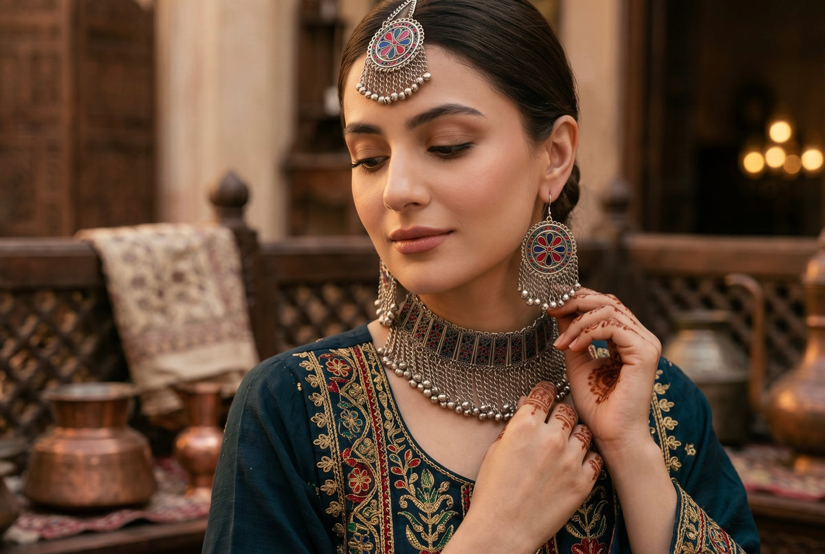 Traditional 4-Piece Afghan Tribal Jewelry Set – Vintage Silver-Tone Choker Necklace with Matching Earrings & Headpiece | Kuchi Boho Statement Jewelry for Women 013