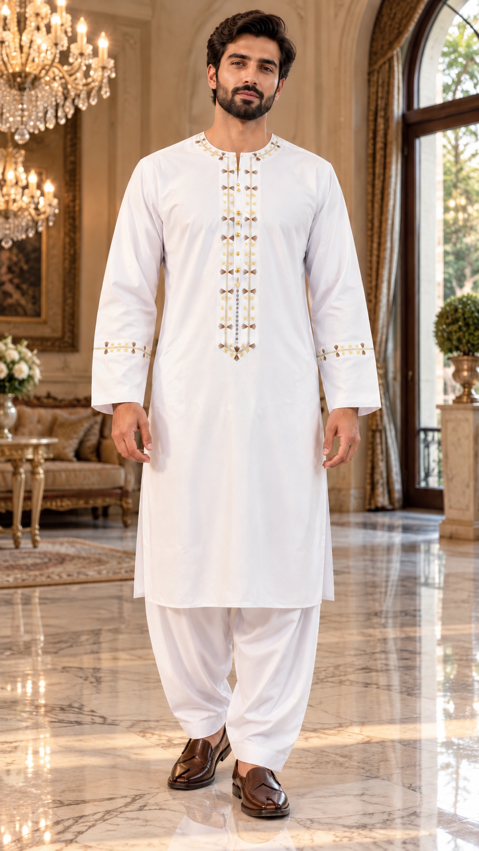 Men’s White Afghan Parahan Tunban with Gold & Brown Embroidery – Traditional Afghan Outfit