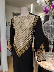 Men’s Black Kameez – Black with Gold, White & Brown Machine Embroidery | Afghan Outfit (XL)