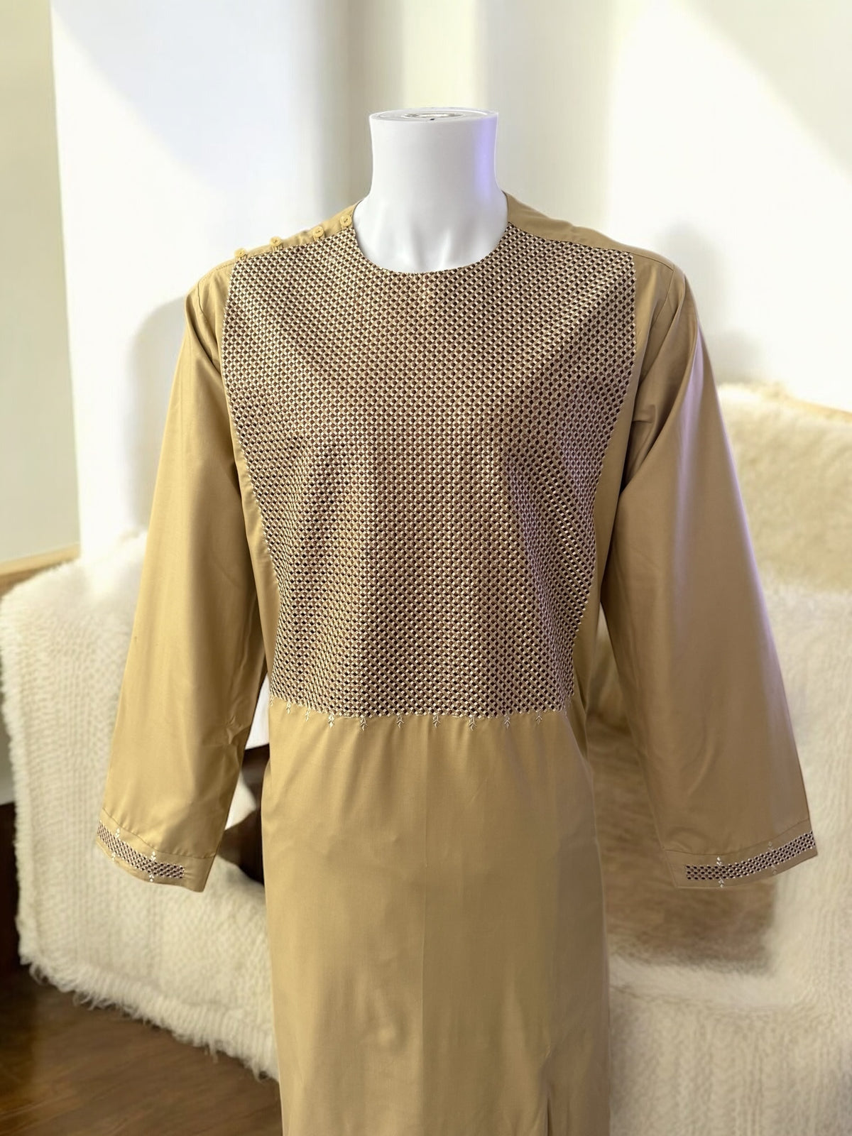 Afghan Parahan Tunban for Men – Beige Gold, XL (Defected Embroidery)
