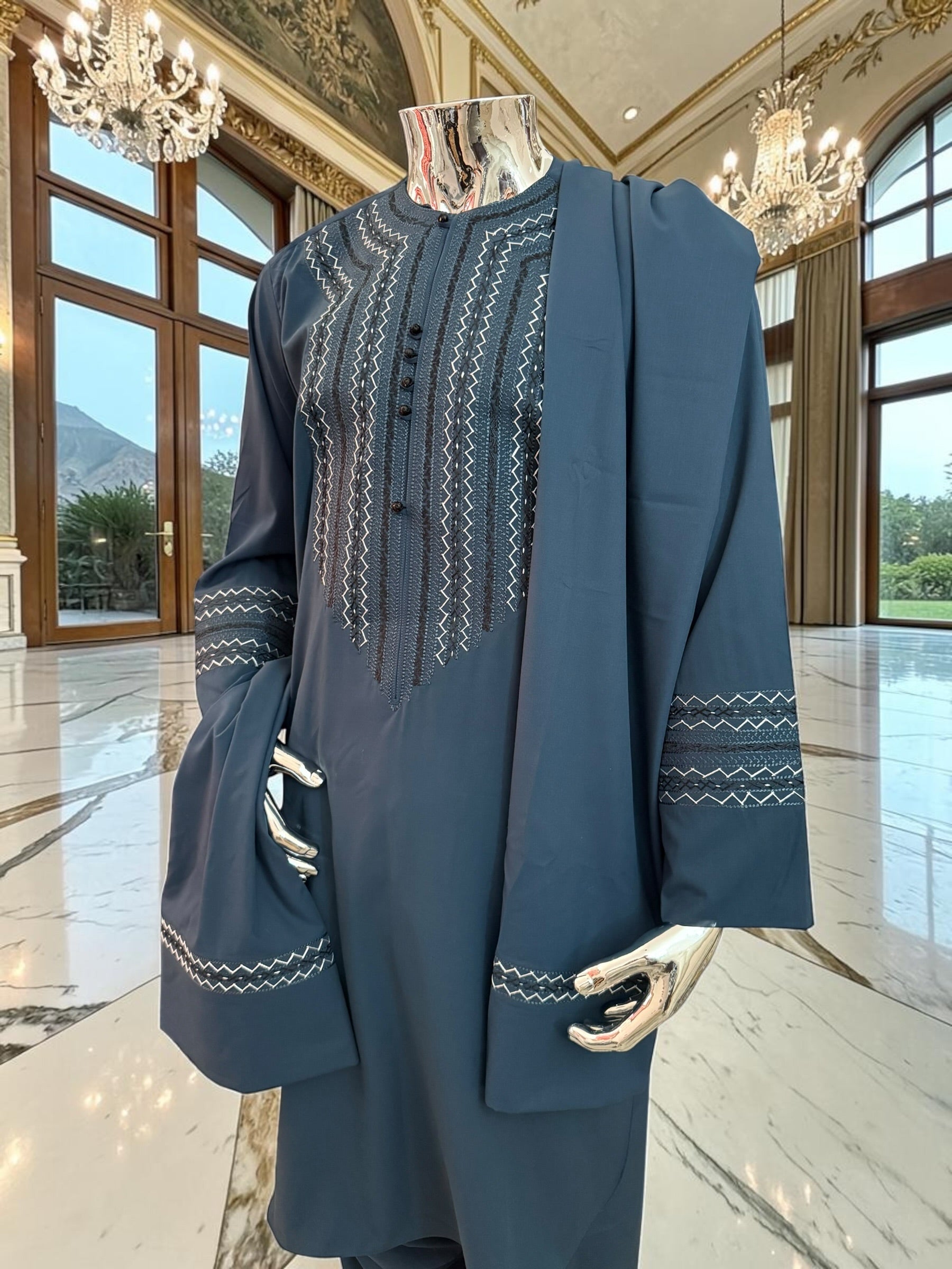 Men’s Designer Hand-Embroidered Parahan Tunban with Shawl – 3-Piece Afghan Outfit