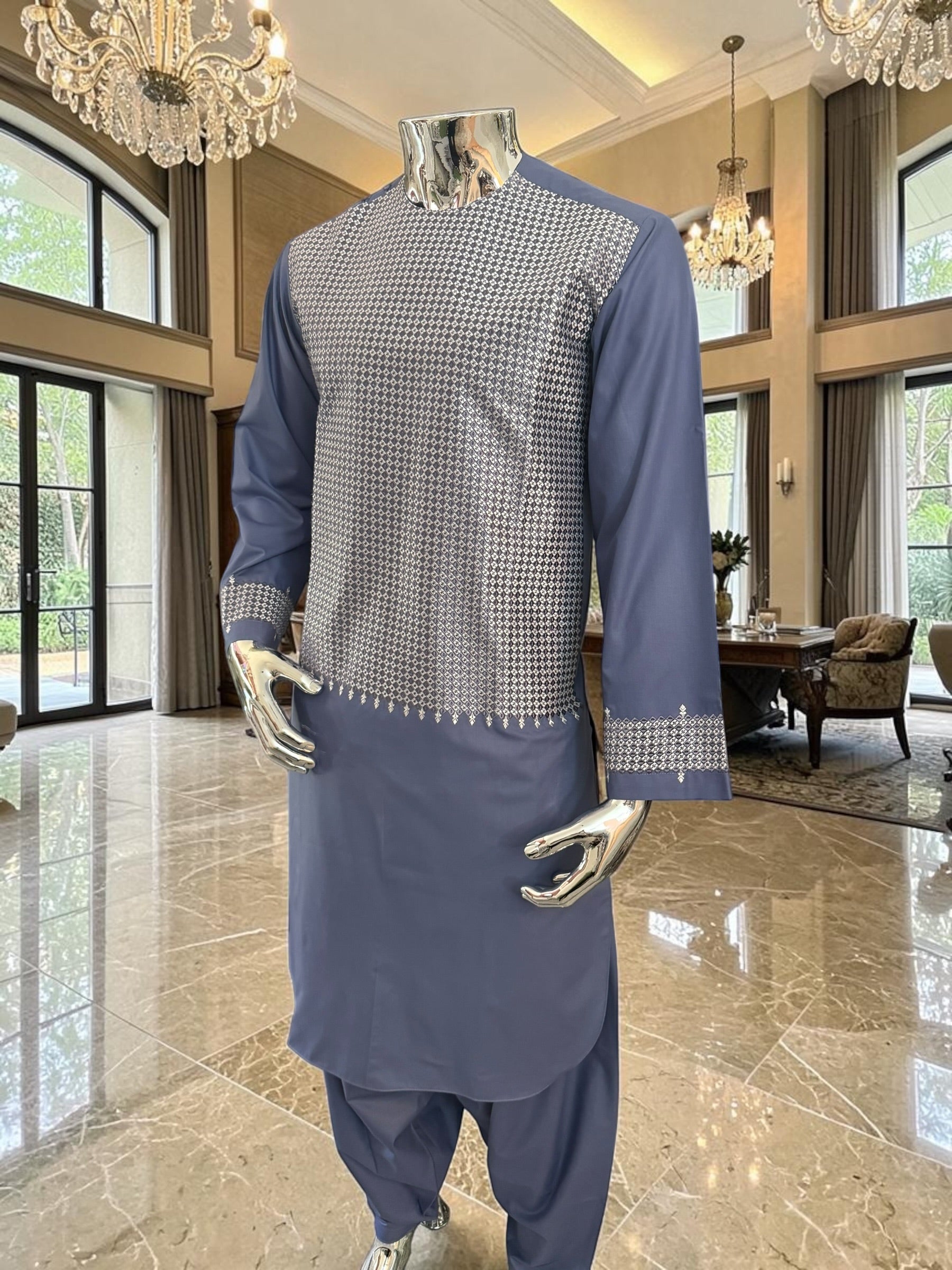 Small Afghan Parahan Tunban Kameese Shalwar Slate Blue Silver Machine Embroidery