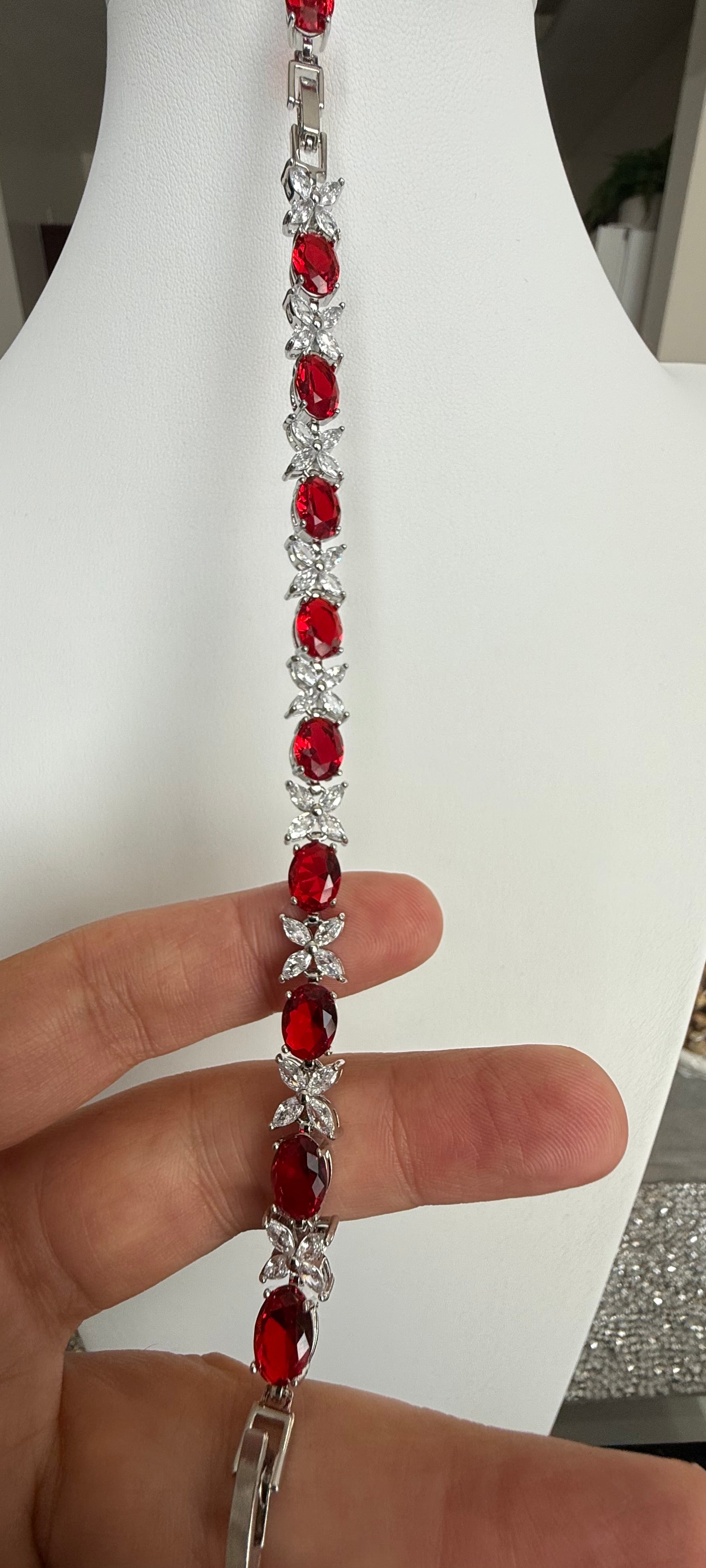 Ruby Red Oval Crystal Butterfly Bracelet – Silver Tone Statement Jewelry 7086