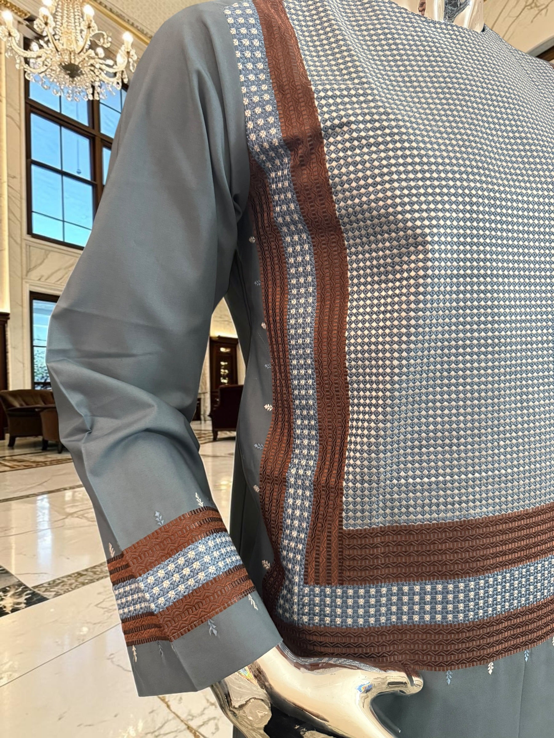 Small Steel Blue Parahan Tunban with White& Brown Embroidery | Premium Afghan Traditional Wear