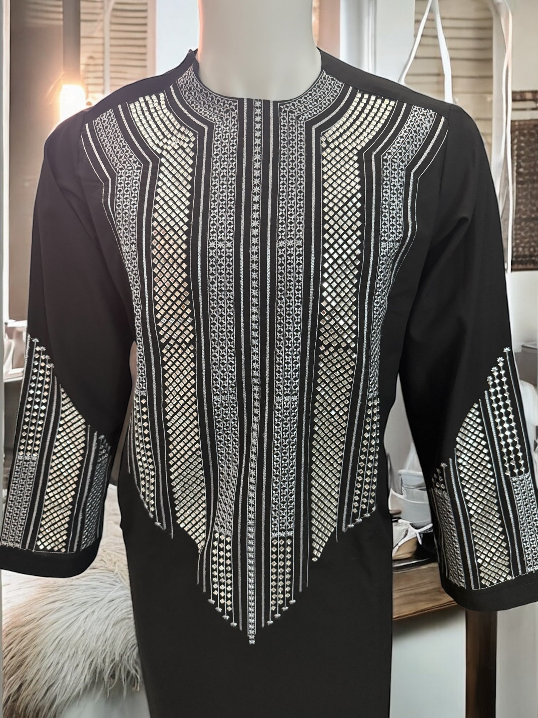Afghan Parahan Tunban Kameese Shalwar Black Silver Shesha Embroidered Small
