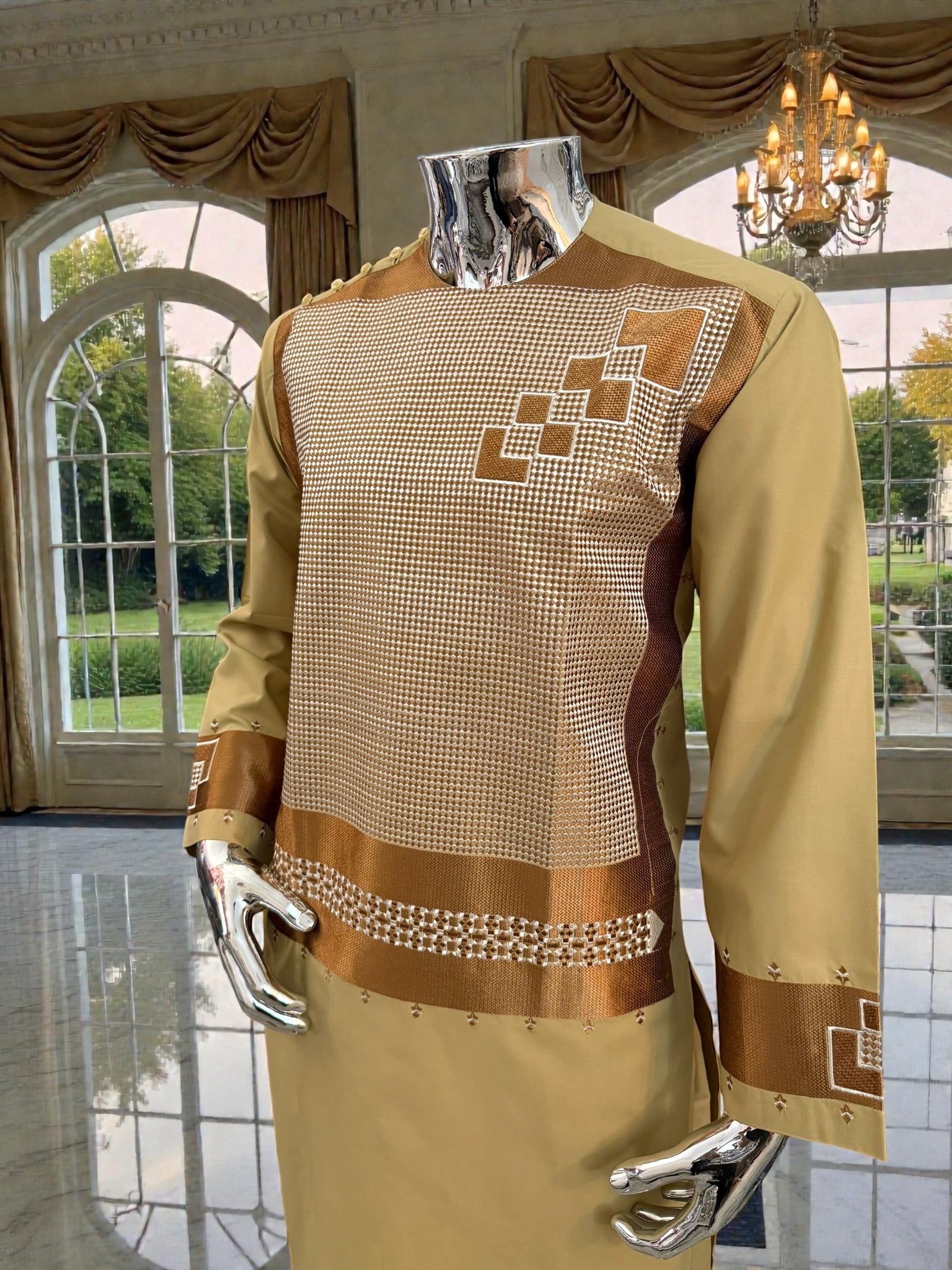 Small Men’s Golden Parahan Tumban with Bronze Geometric Embroidery – Afghan Traditional Outfit