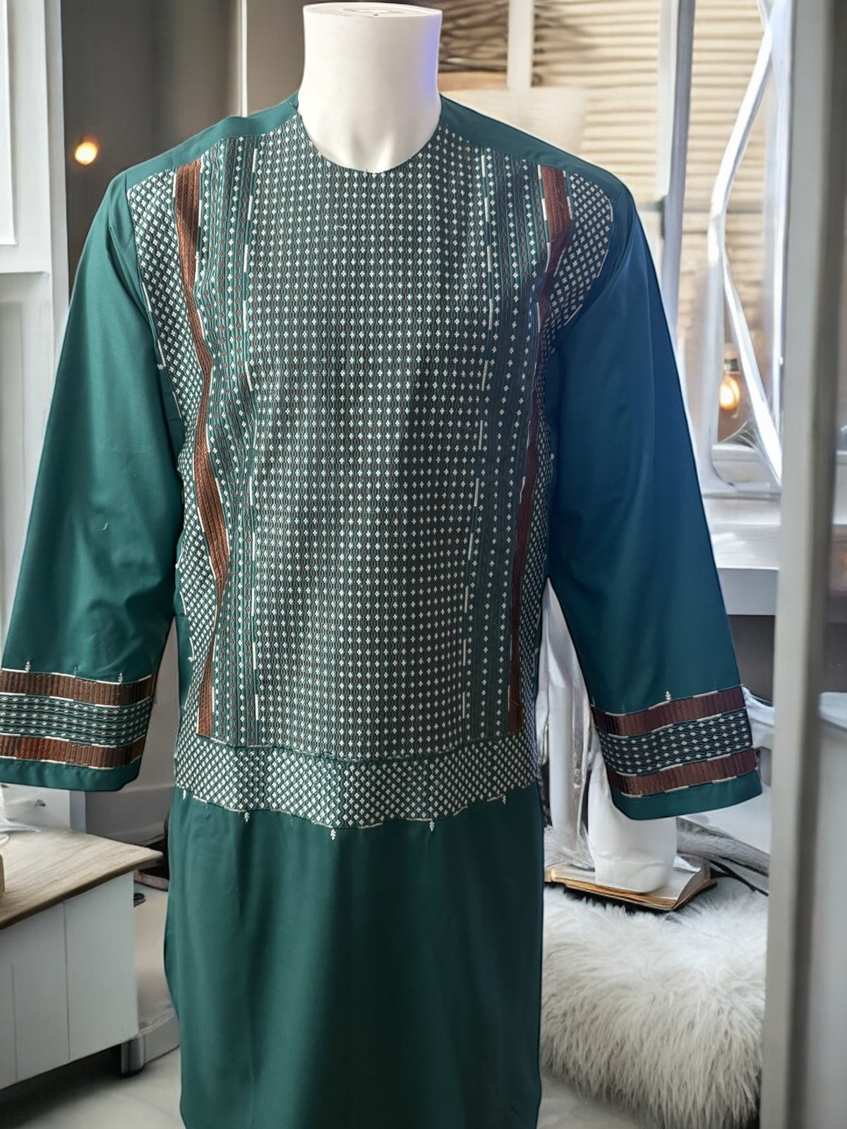 Men’s Emerald Green Parahan Tumban with Brown and White Embroidery Small