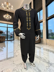 Black Embroidered Afghan Parahan Tunban for Men | Gold & White Detail