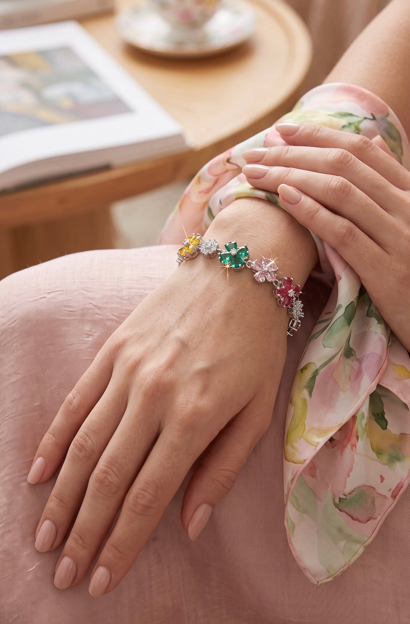 Multicolor Crystal Flower Bracelet – Silver-Tone Floral Statement Bracelet for Women 7129