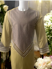 Men’s Pistachio Beige Parahan Tumban with Matching Embroidery  Medium